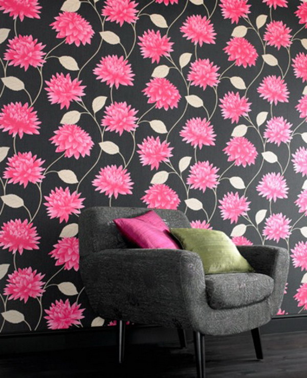 Home Interior Design With Black And Pink Floral Wallpaper