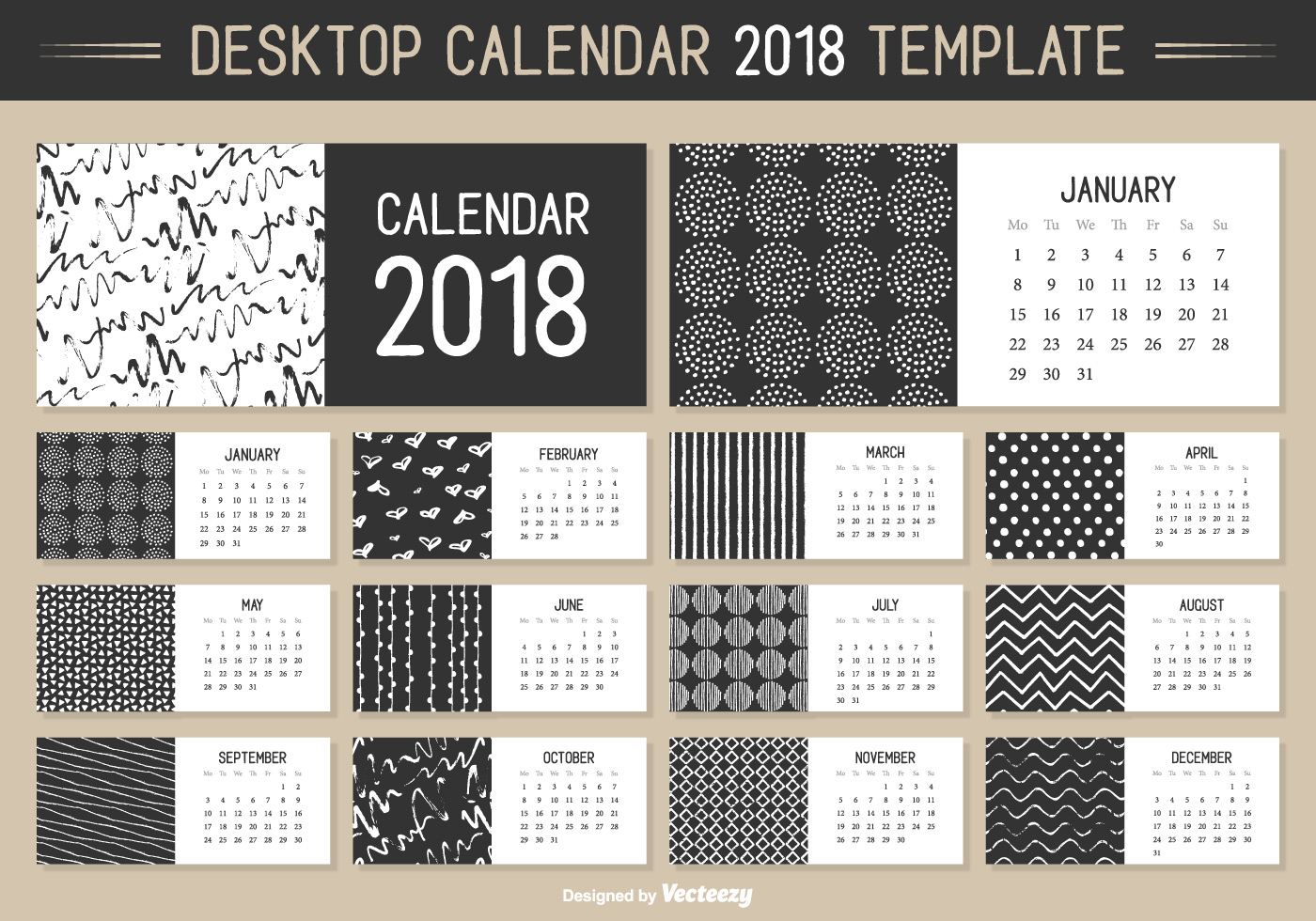 Monthly Desktop Calendar 2018 Vector Template   Download 1400x980