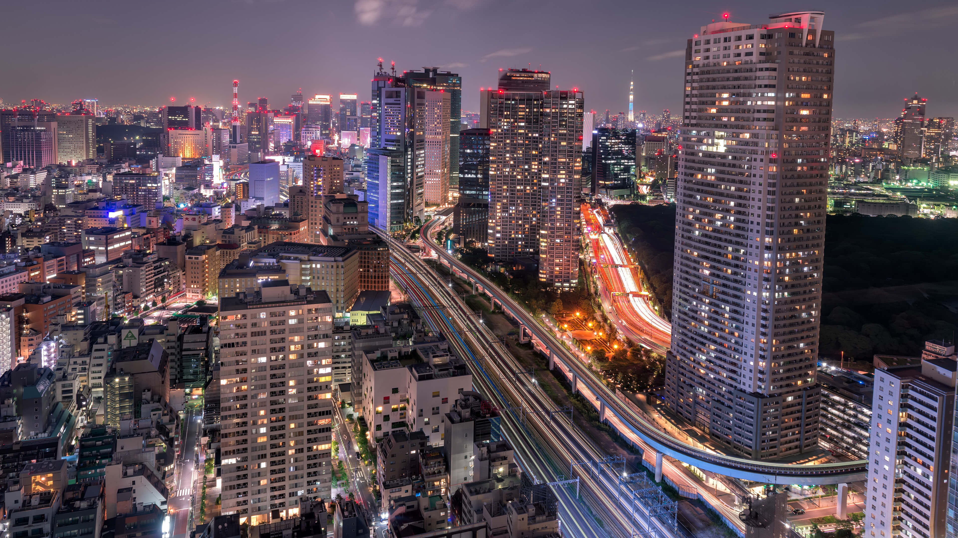 Shiodome Skyline At Night Minato Tokyo Japan 4k Wallpaper