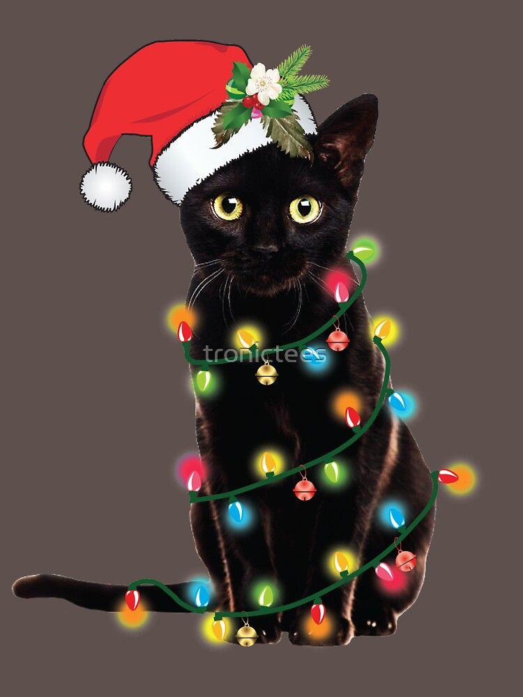 Santa Black Cat Tangled Up In Christmas Tree Lights Holiday