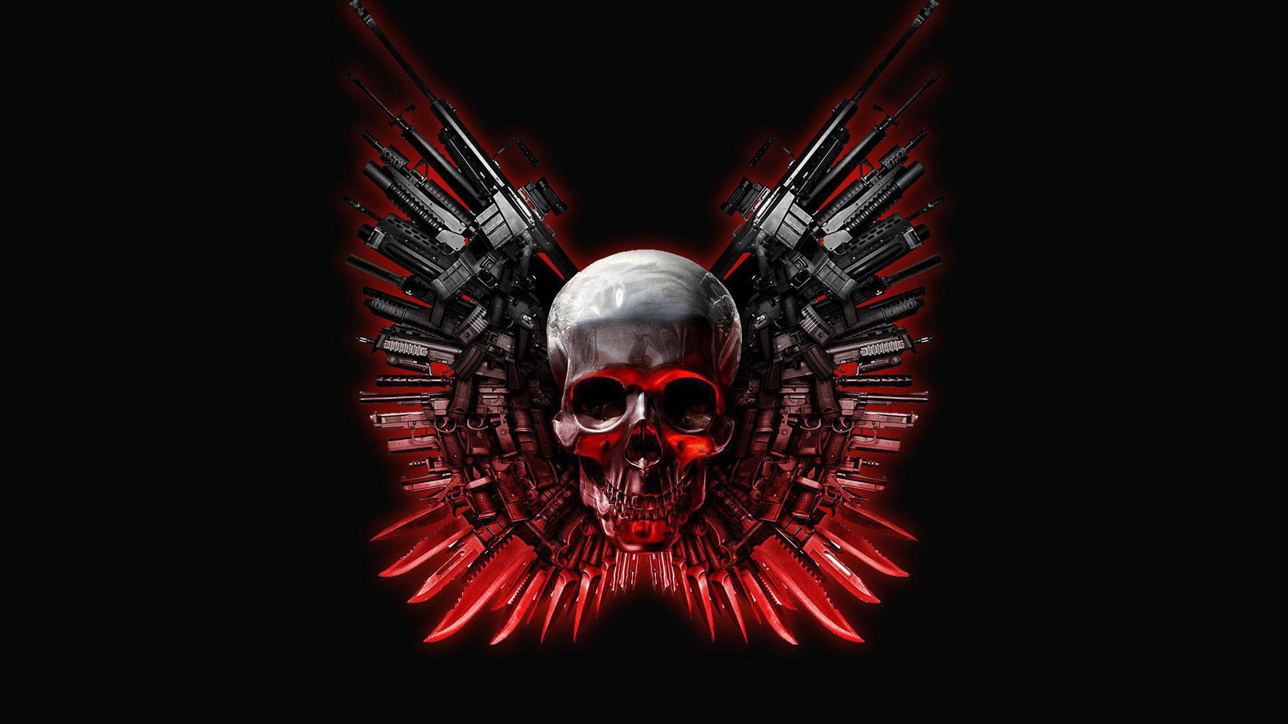 A menacing skull centerpiece, crafted from an array of weaponry, set against a stark black backdrop. This design embodies themes of danger, power, and rebellion