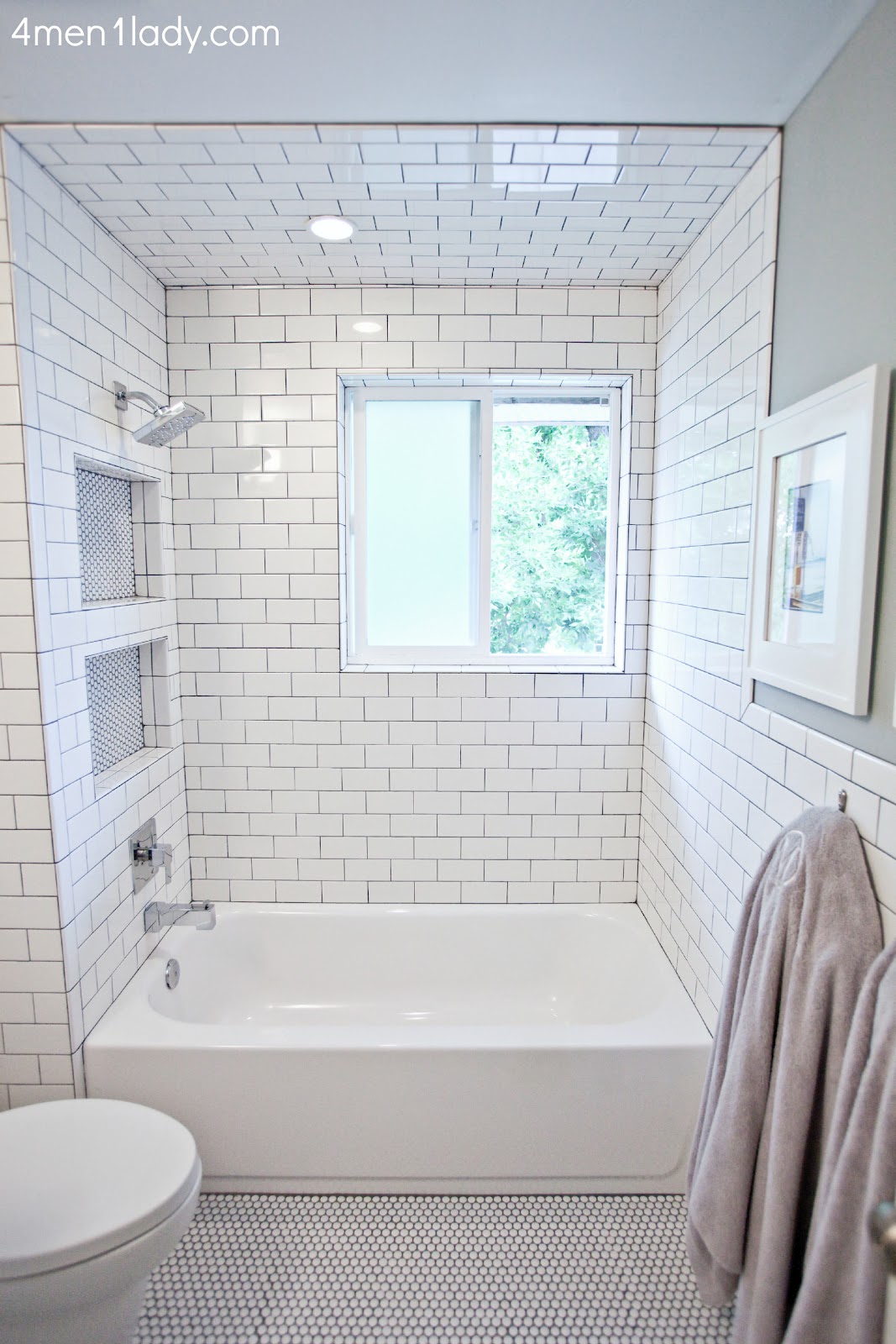 White Subway Tile And Penny Round With Pearl Grey Grout Bp Spot
