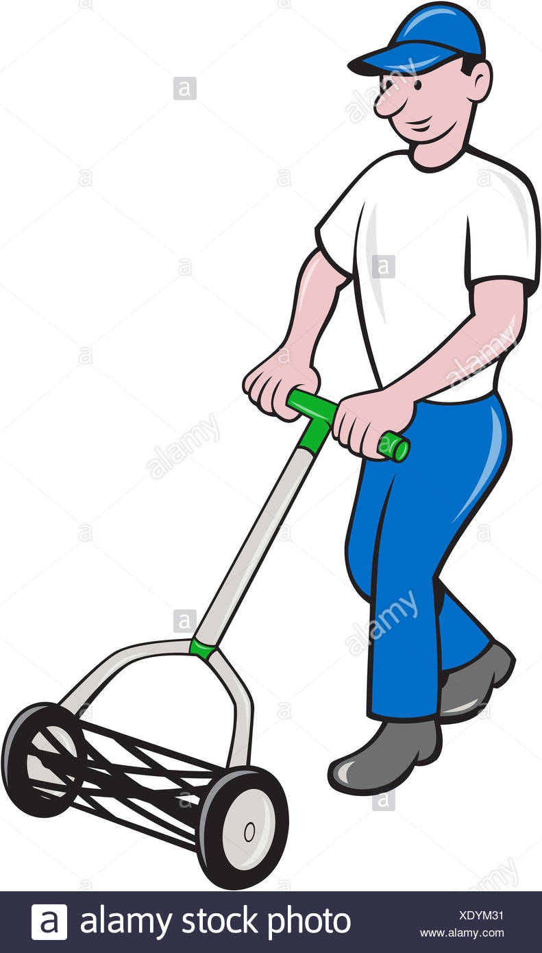 Illustration Of Male Gardener Mowing With Manual Lawn Cylinder