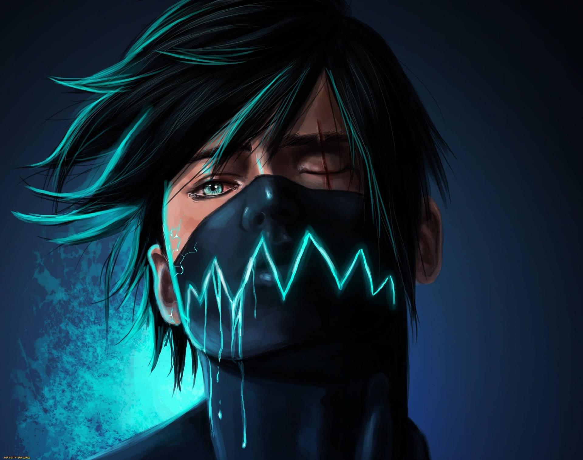 Download Anime Boy Gaming With Neon Blue Mask Wallpaper