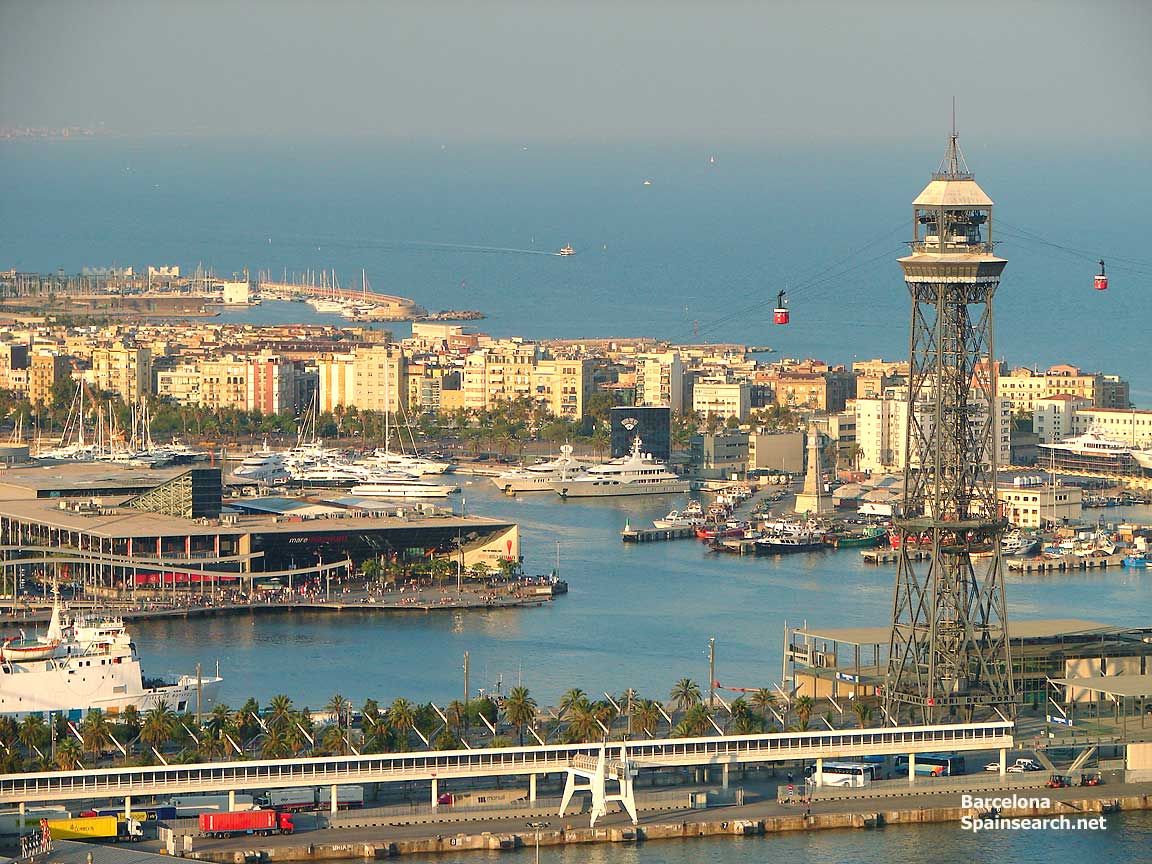 Barcelona Cable Car Tower And Harbor At Mediterranean Sea