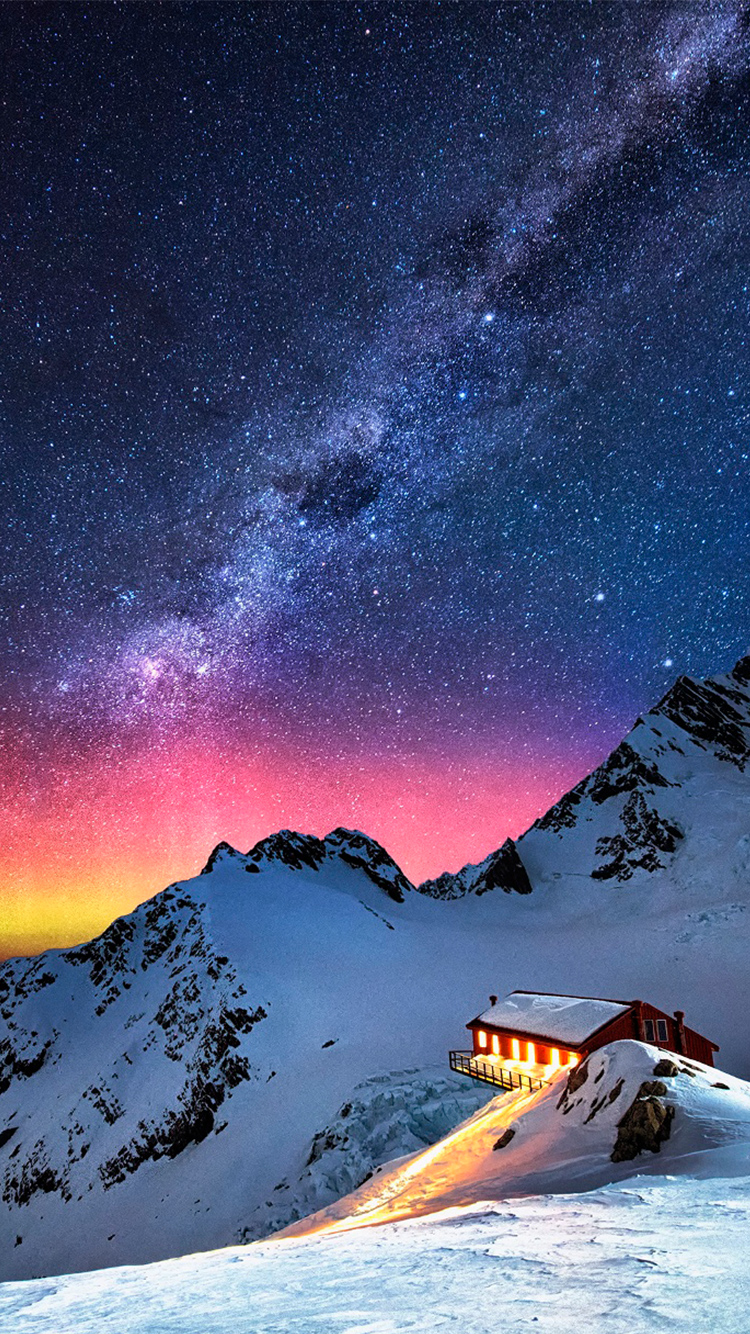 Snow Mountain Chalet Aurora Milky Way Stars iPhone Wallpaper Ipod