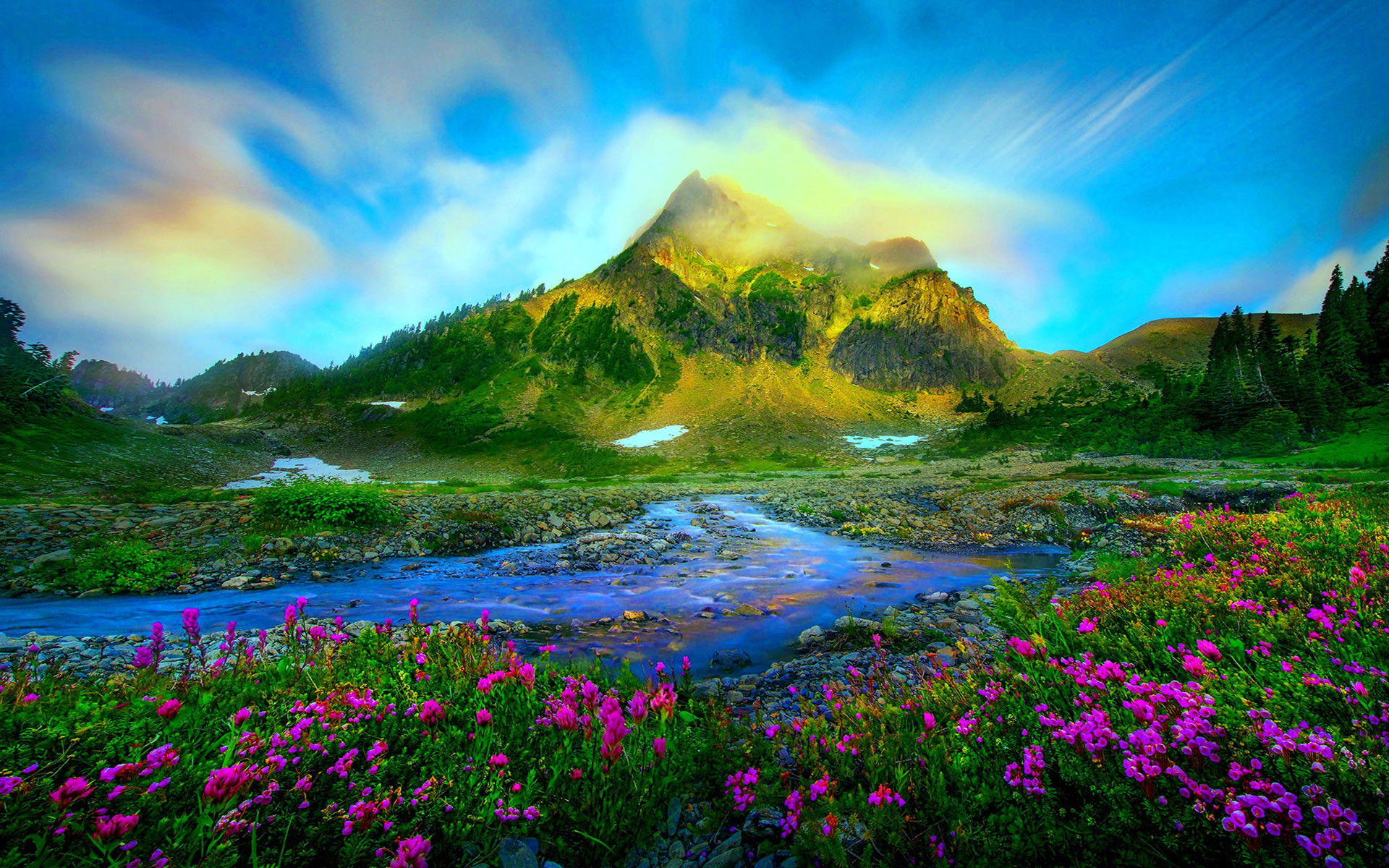 A breathtaking landscape unfolds, showcasing a majestic mountain peak piercing the sky, its slopes adorned with lush greenery. A crystal-clear stream meanders through the valley, its path punctuated by vibrant wildflowers, adding a touch of color to the idyllic scene