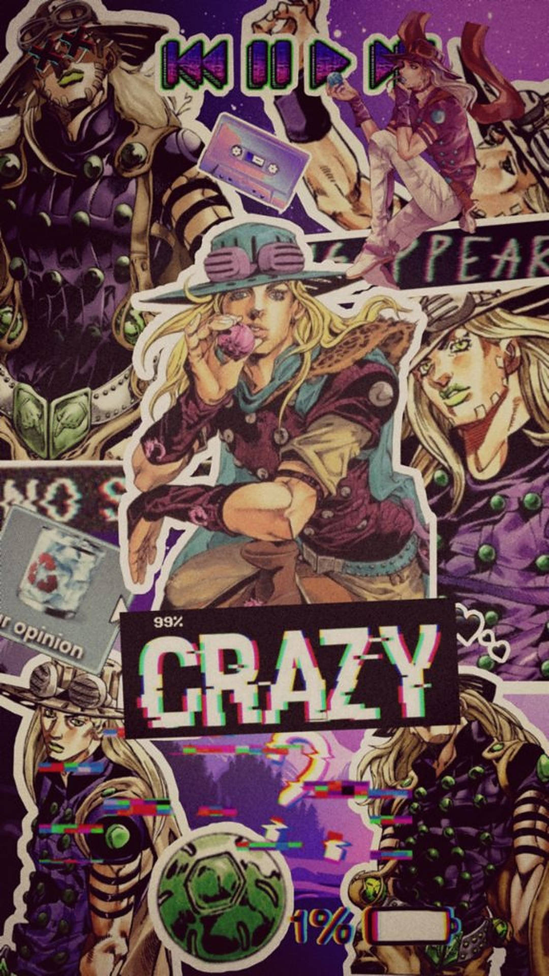 A vibrant collage wallpaper featuring Gyro Zeppeli from JoJo's Bizarre Adventure, incorporating various visual elements like distorted effects, text, and other characters