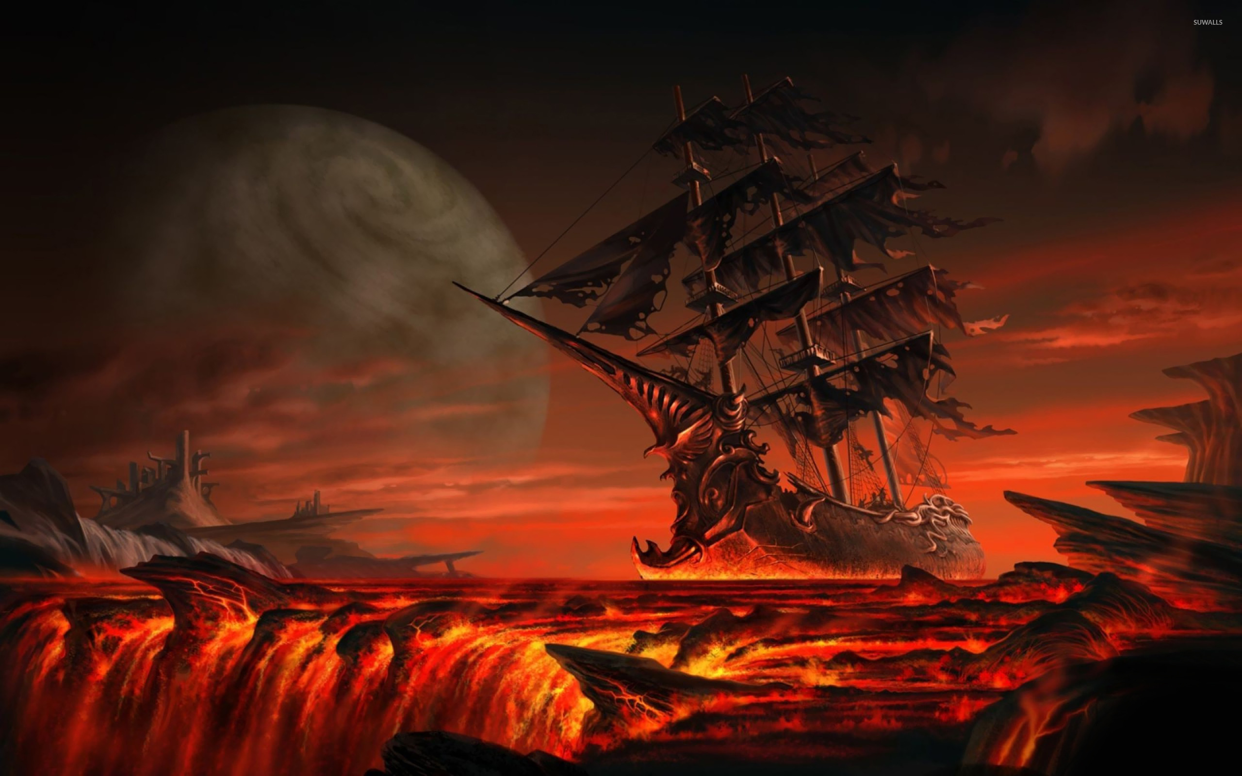 Ghost Ship Floating On Lava Wallpaper Fantasy