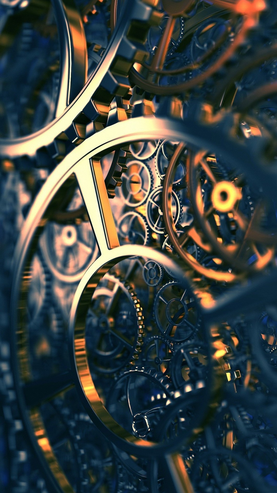 Intricate clockwork mechanism wallpaper for phone, featuring interlocking gears in metallic gold and silver, ideal for steampunk or mechanical themes