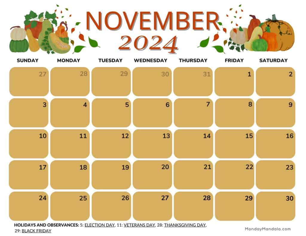 November 2024 calendar wallpaper with autumnal design