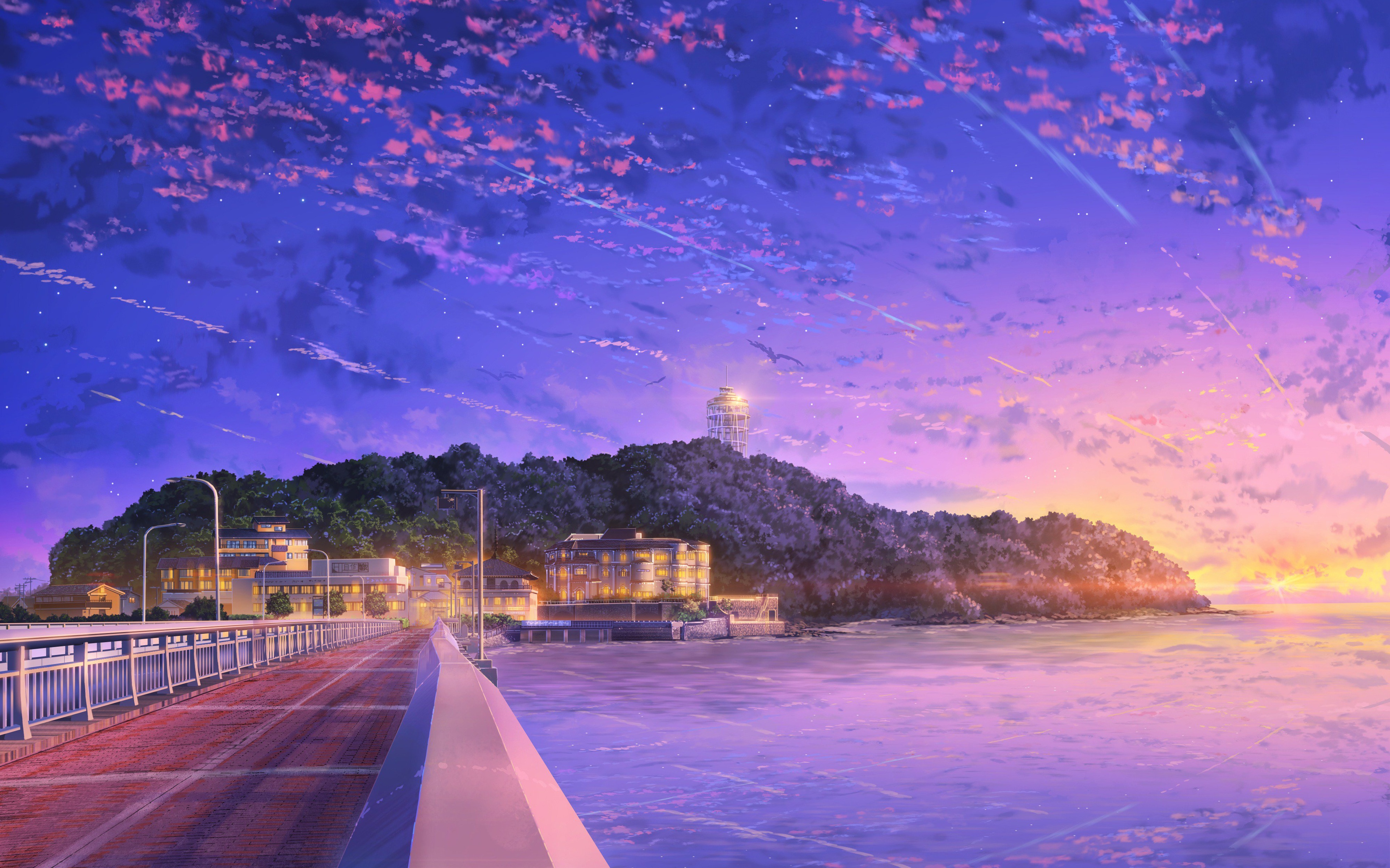 4K anime wallpaper of a serene coastal town at sunset, with a lighthouse on a hill and a bridge leading to it