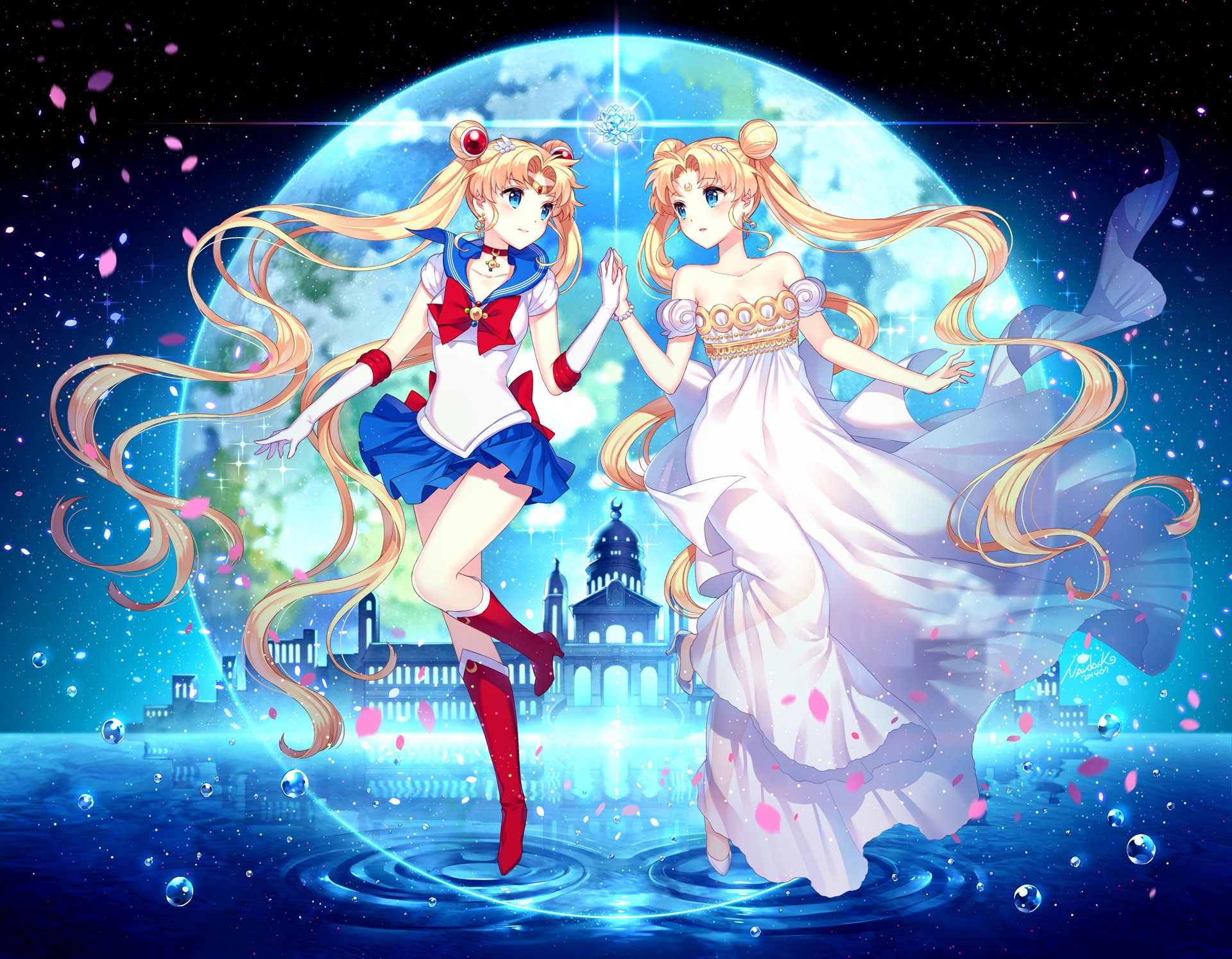 Dual image of Sailor Moon, both in her classic sailor outfit and a beautiful white princess gown. This wallpaper showcases the iconic anime character