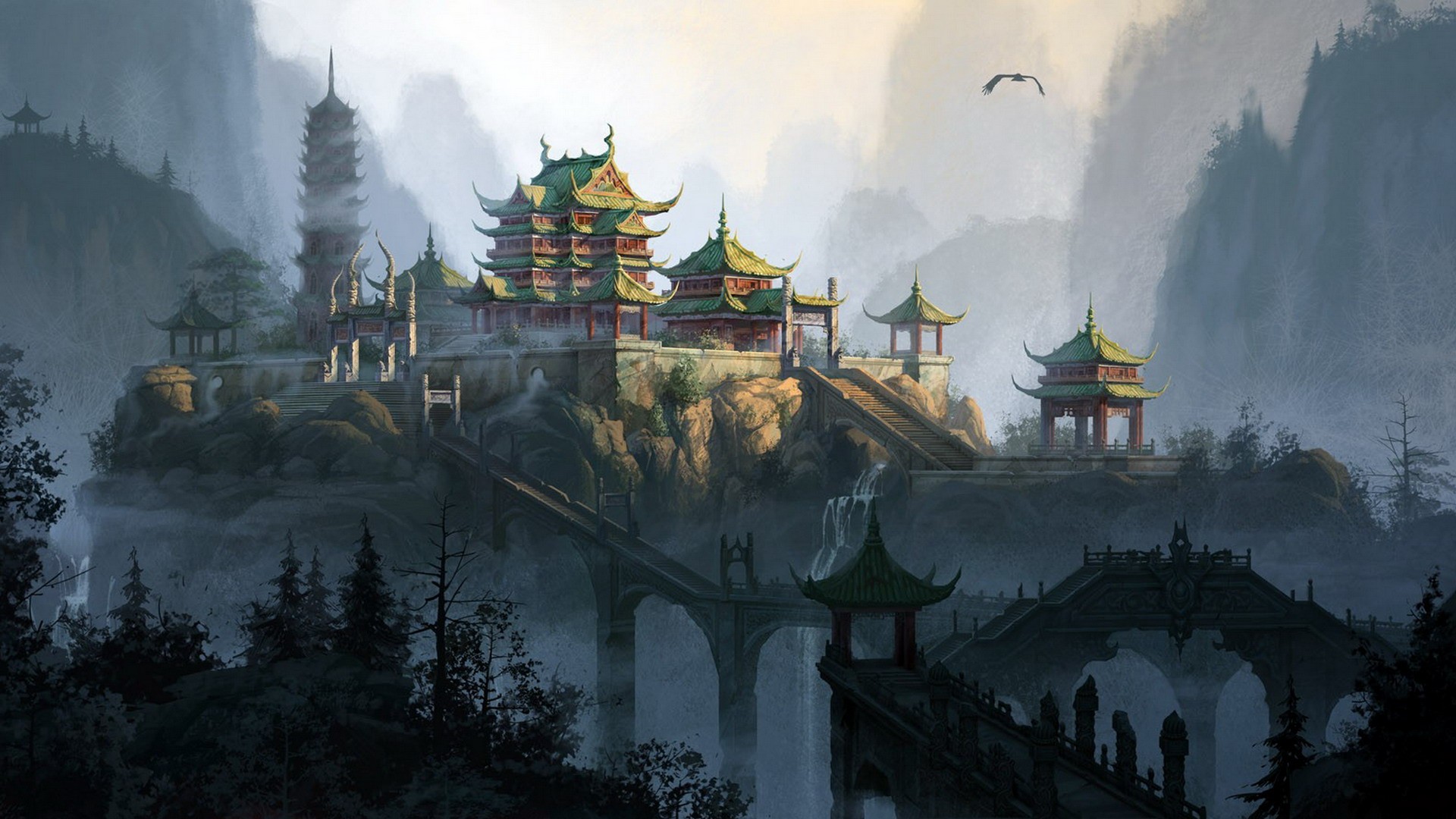 A majestic painting of a traditional Chinese palace nestled on a mountaintop, surrounded by mist and connected by ornate bridges