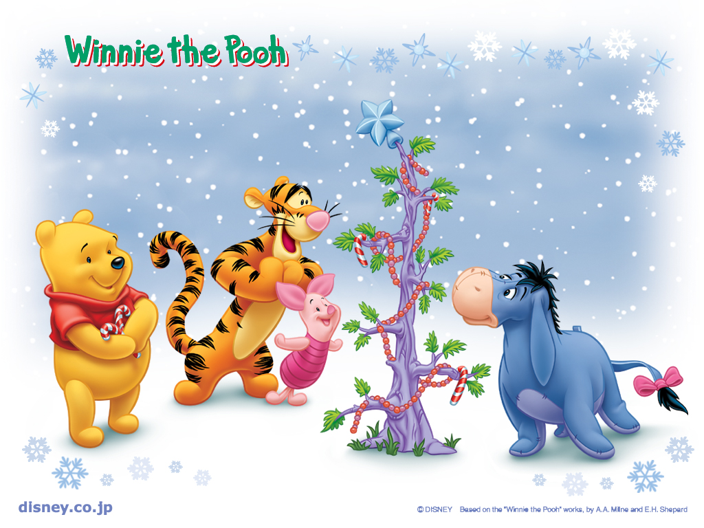 Winnie The Pooh And His Friends Decorate A Tree In Snow