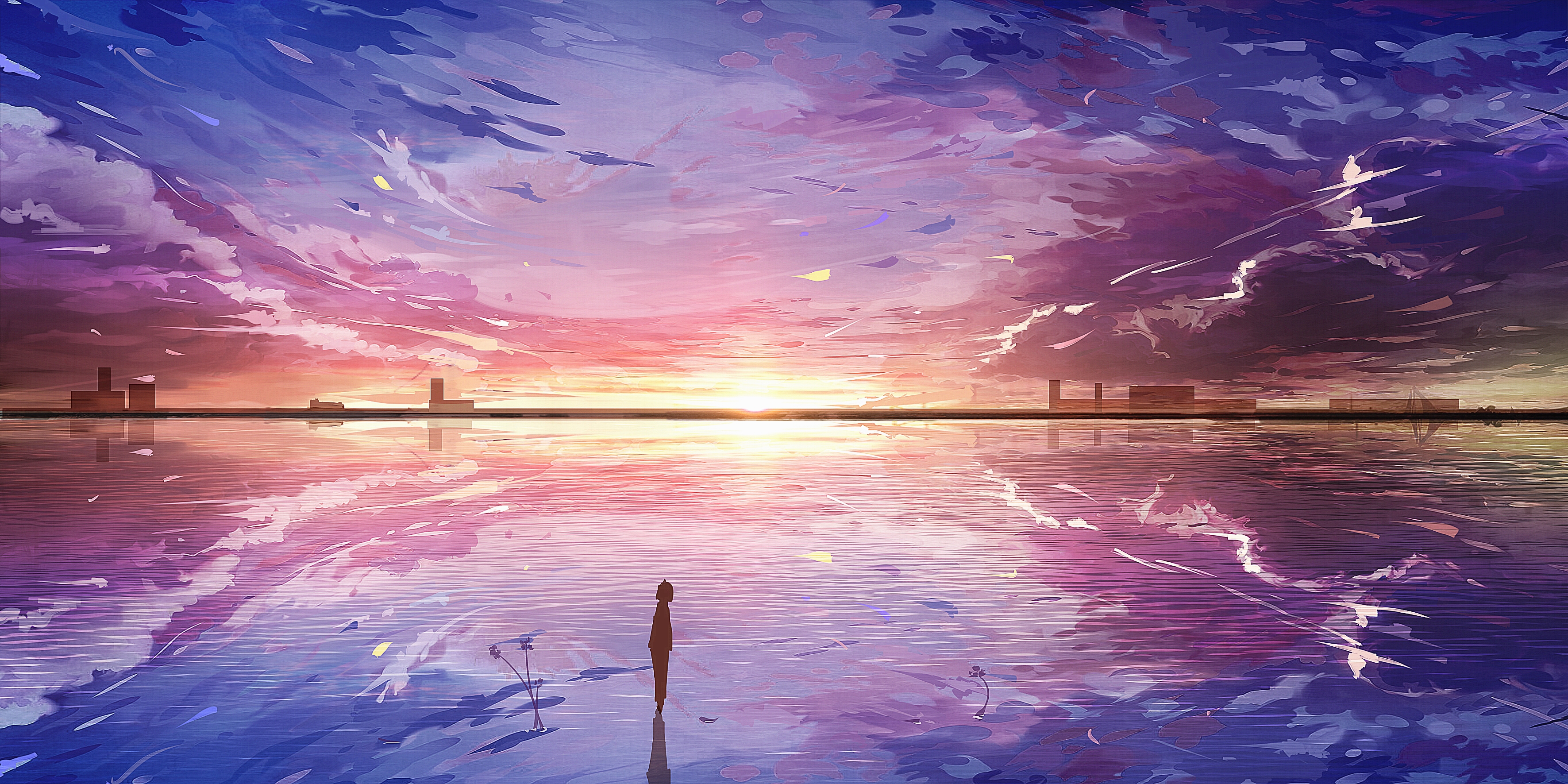 Anime-style desktop wallpaper featuring a serene sunset over a reflective body of water, with a lone figure silhouetted against the vibrant sky