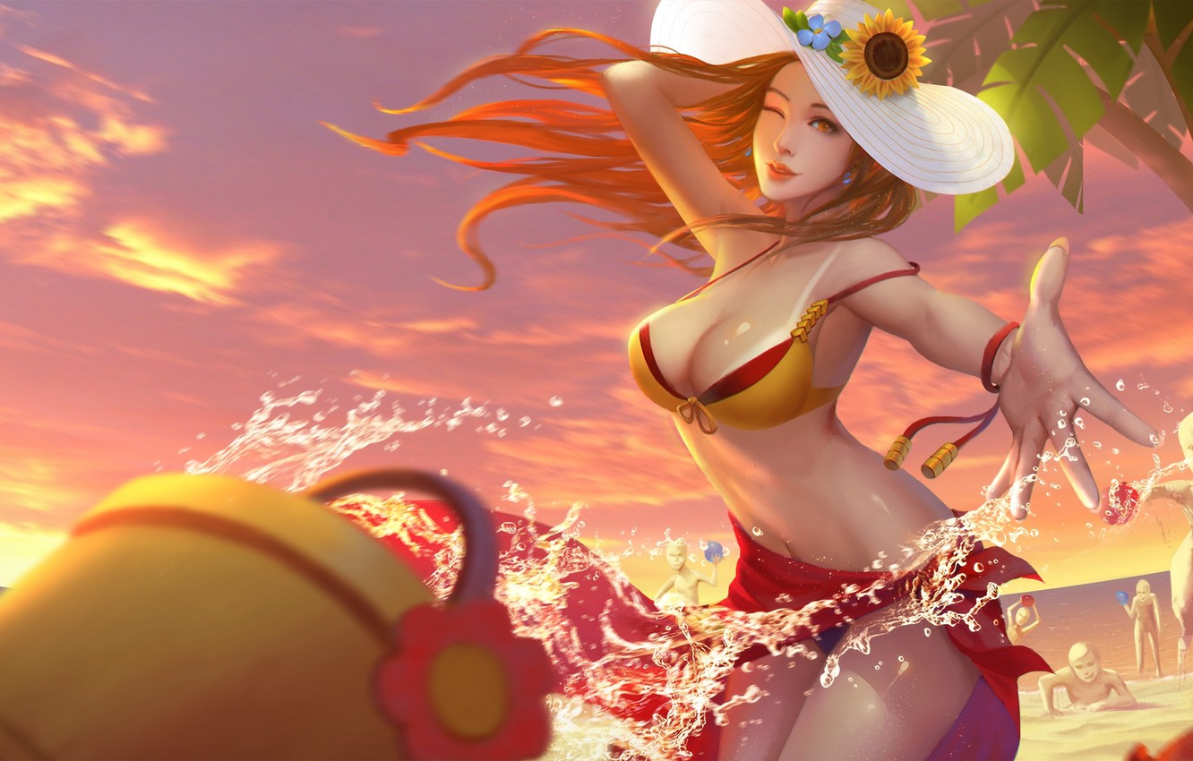 Wallpaper Sand Sea Beach Swimsuit Chest Water Girl Hat