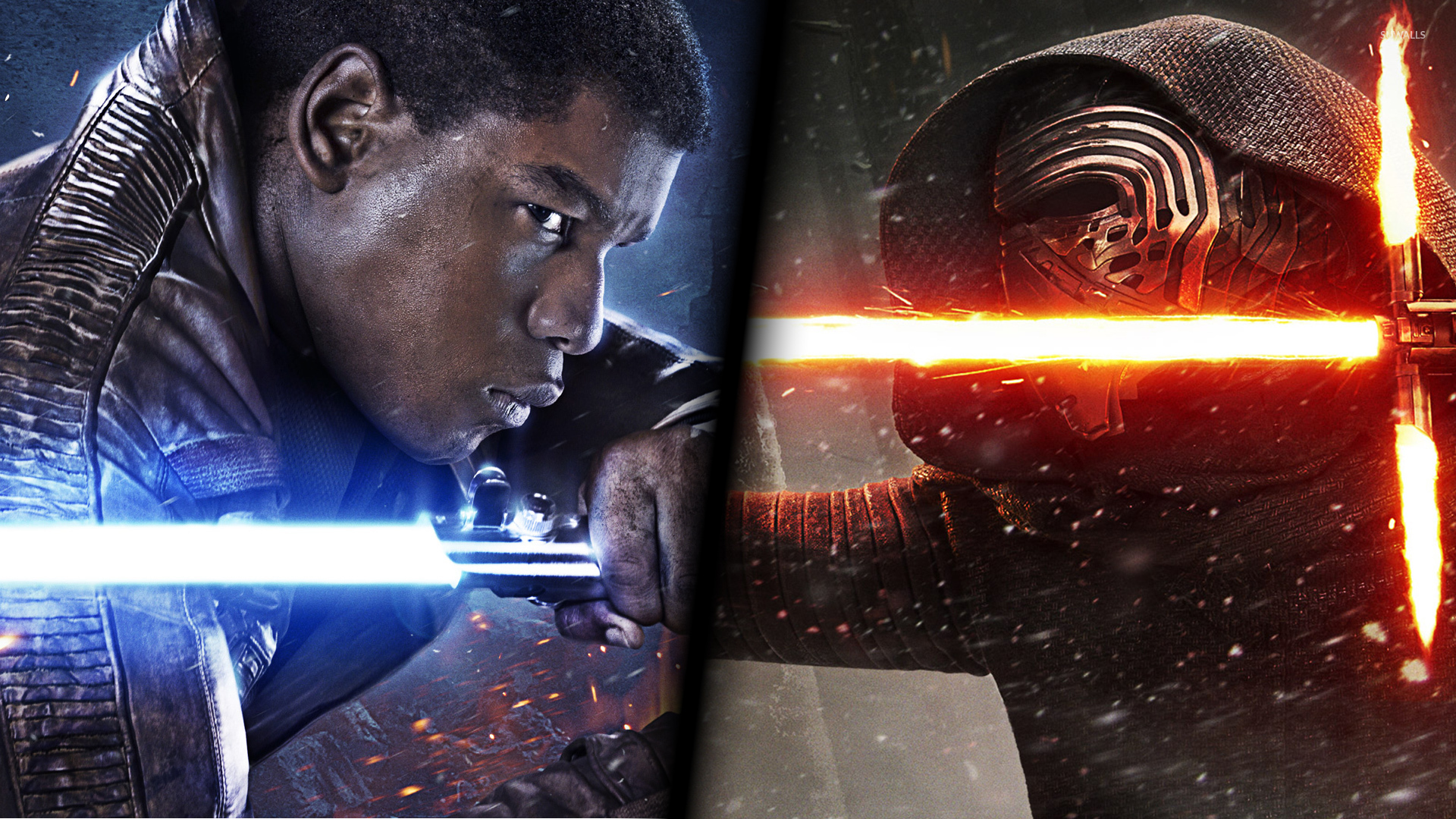 Finn Vs Kylo Ren In Star Wars The Force Awakens Wallpaper Movie