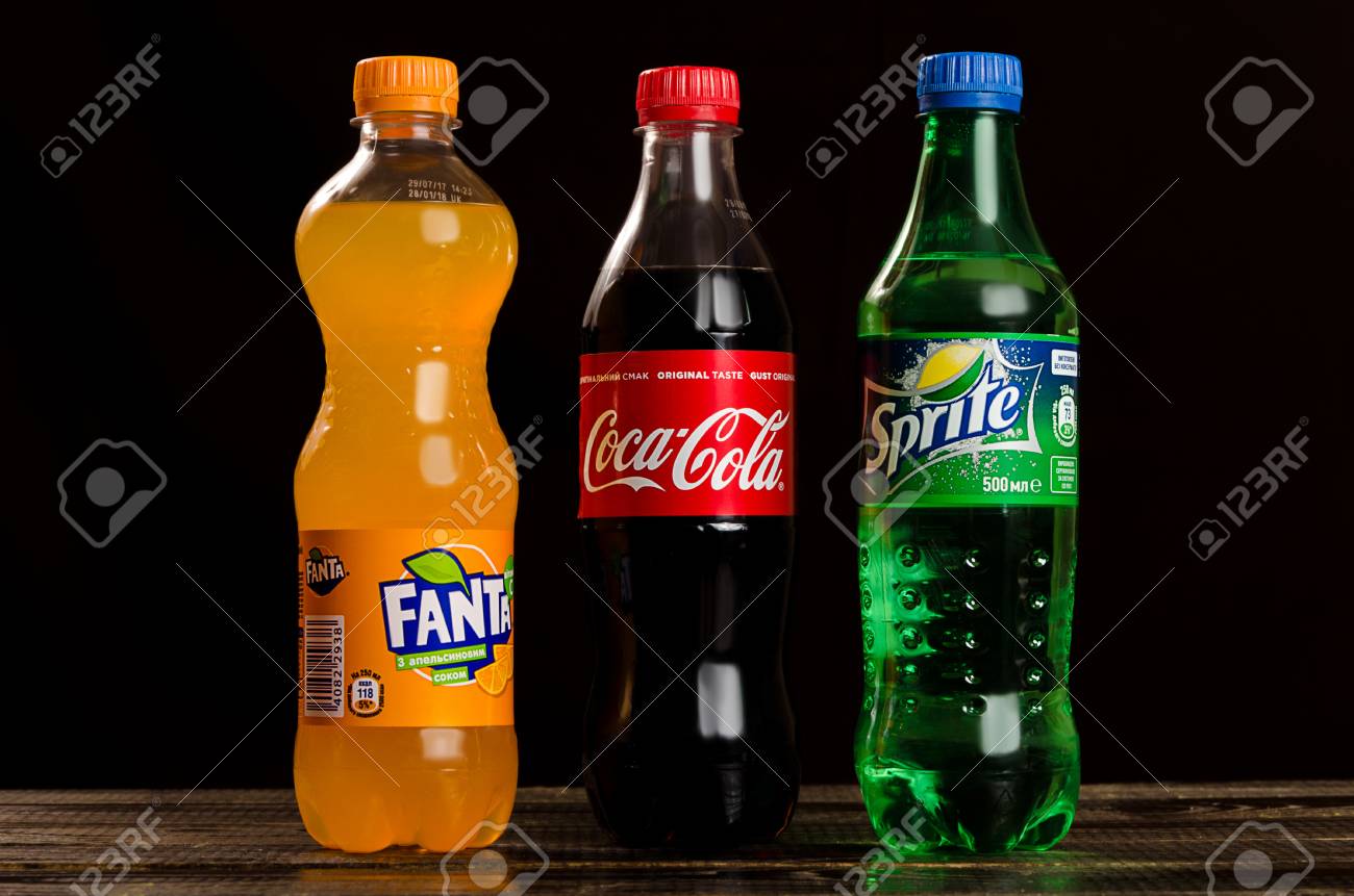 Coca Cola Fanta Sprite On A Dark Background Stock Photo Picture