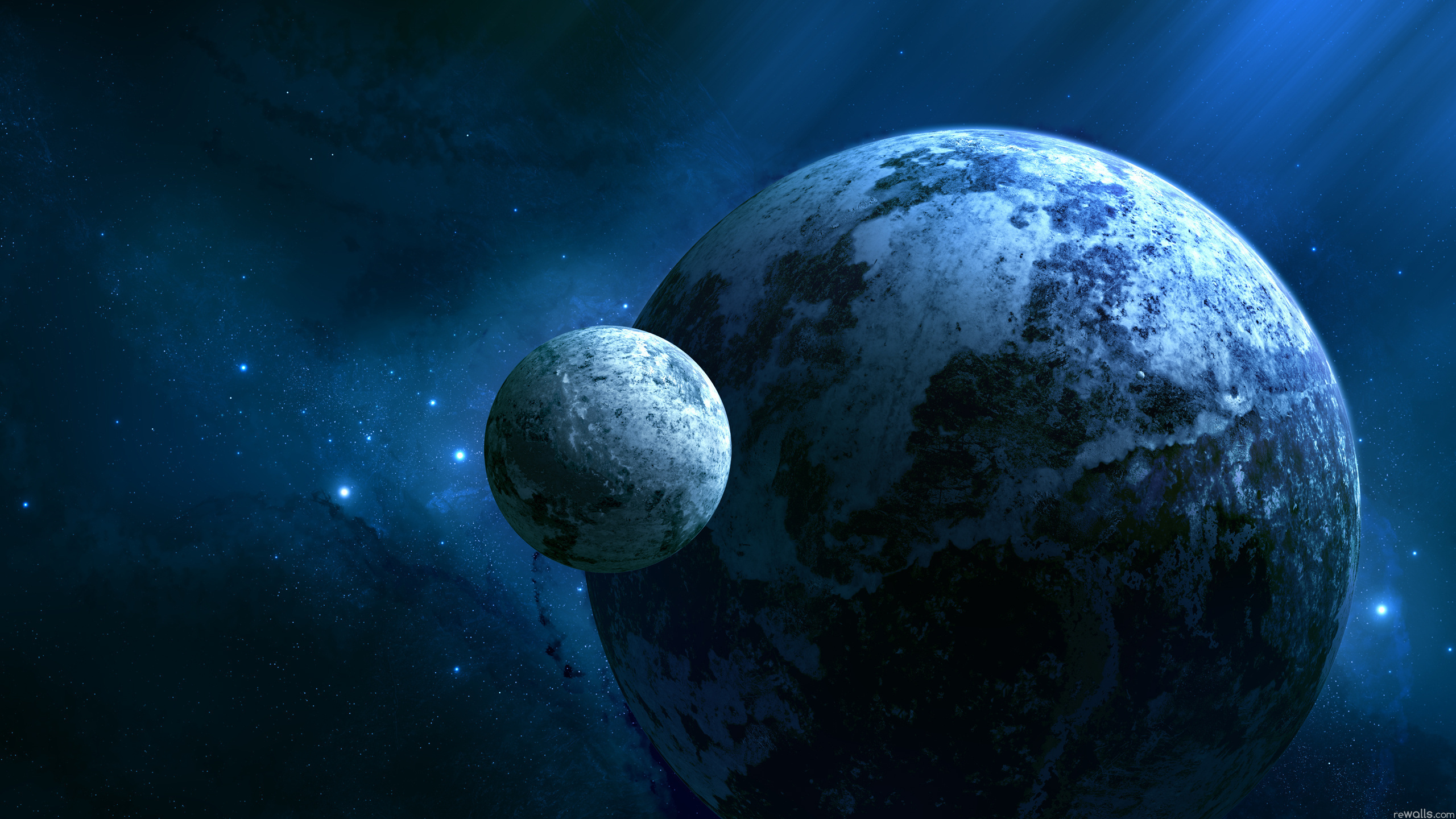 Two icy blue planets in a dark, starry expanse. The larger planet dominates the frame, with a smaller, similarly colored planet orbiting nearby