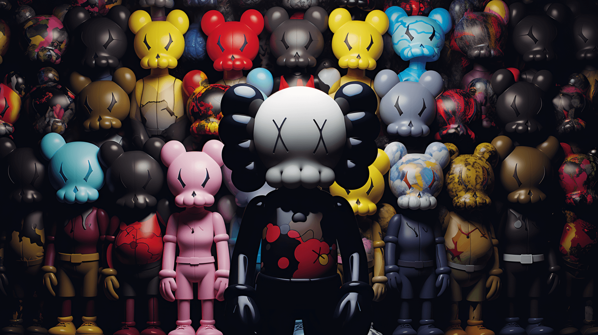 A collection of KAWS Companion figures, showcasing various colors, patterns, and sizes. The iconic 'XX' motif is prominent on the central figure