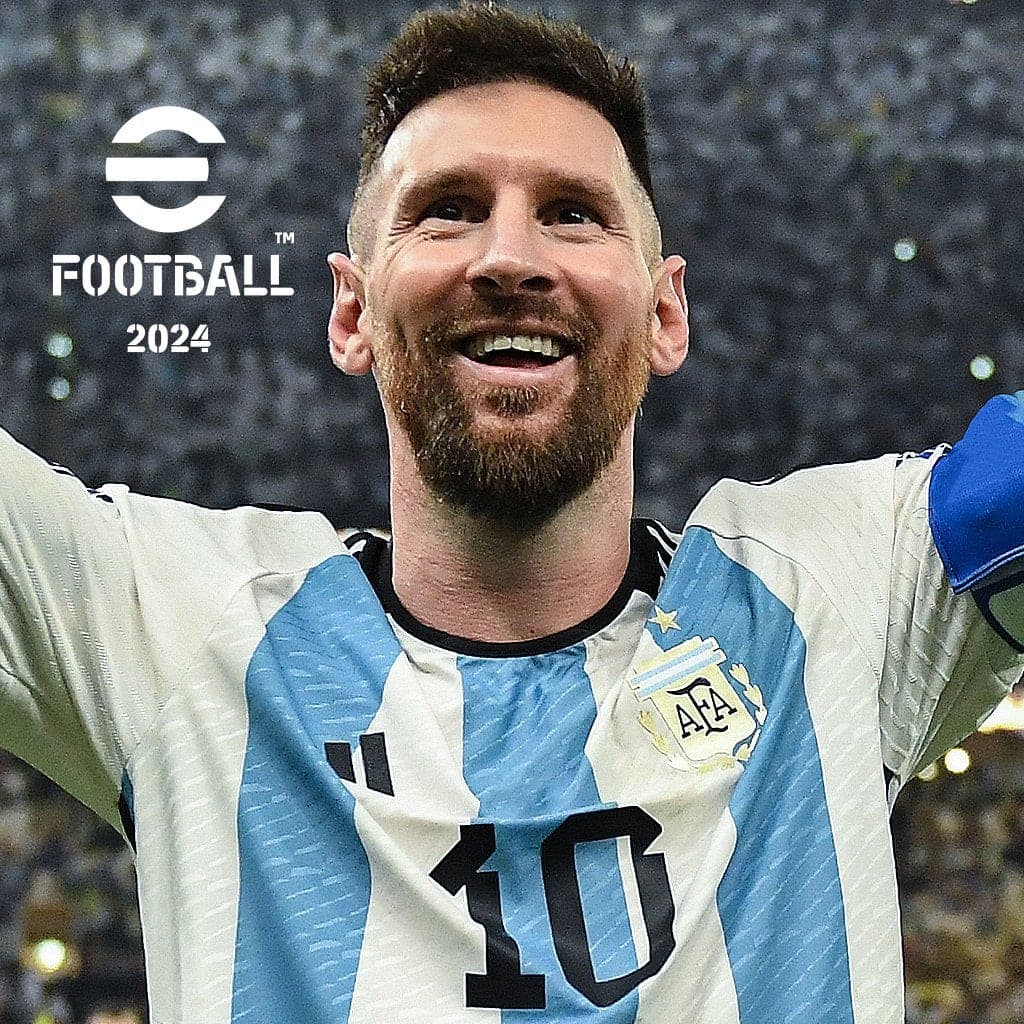 Lionel Messi celebrates a victory in a PES 2024 match, wearing the Argentinian national team jersey