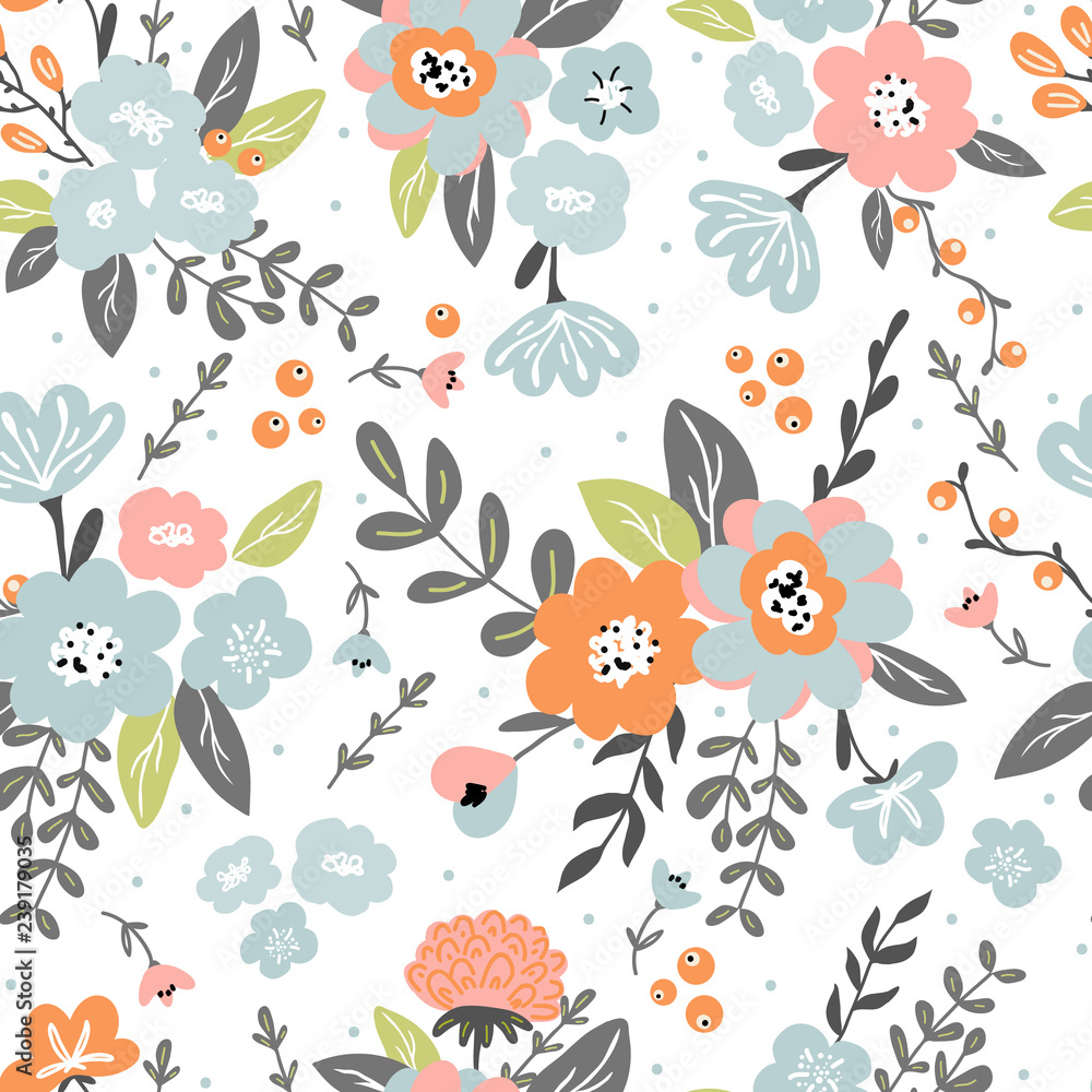Trendy Colorful Seamless Floral Pattern With Modern Simple Flowers