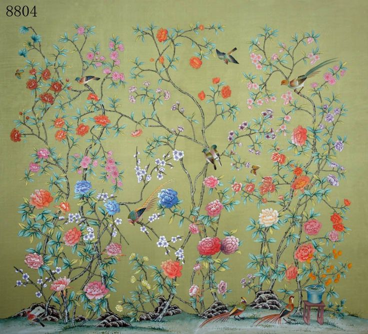 Hand Painted Wallpaper Silk wih rice paper back in Other Antique 736x668