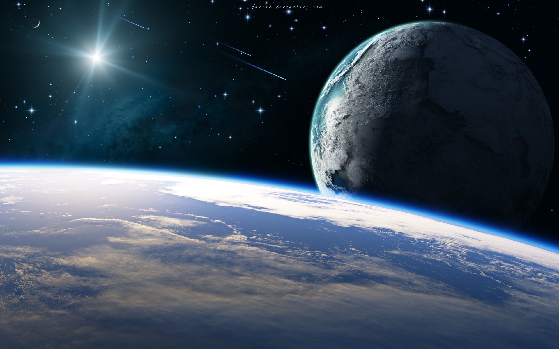 A breathtaking view of Earth from space, with another planet and a bright star in the background