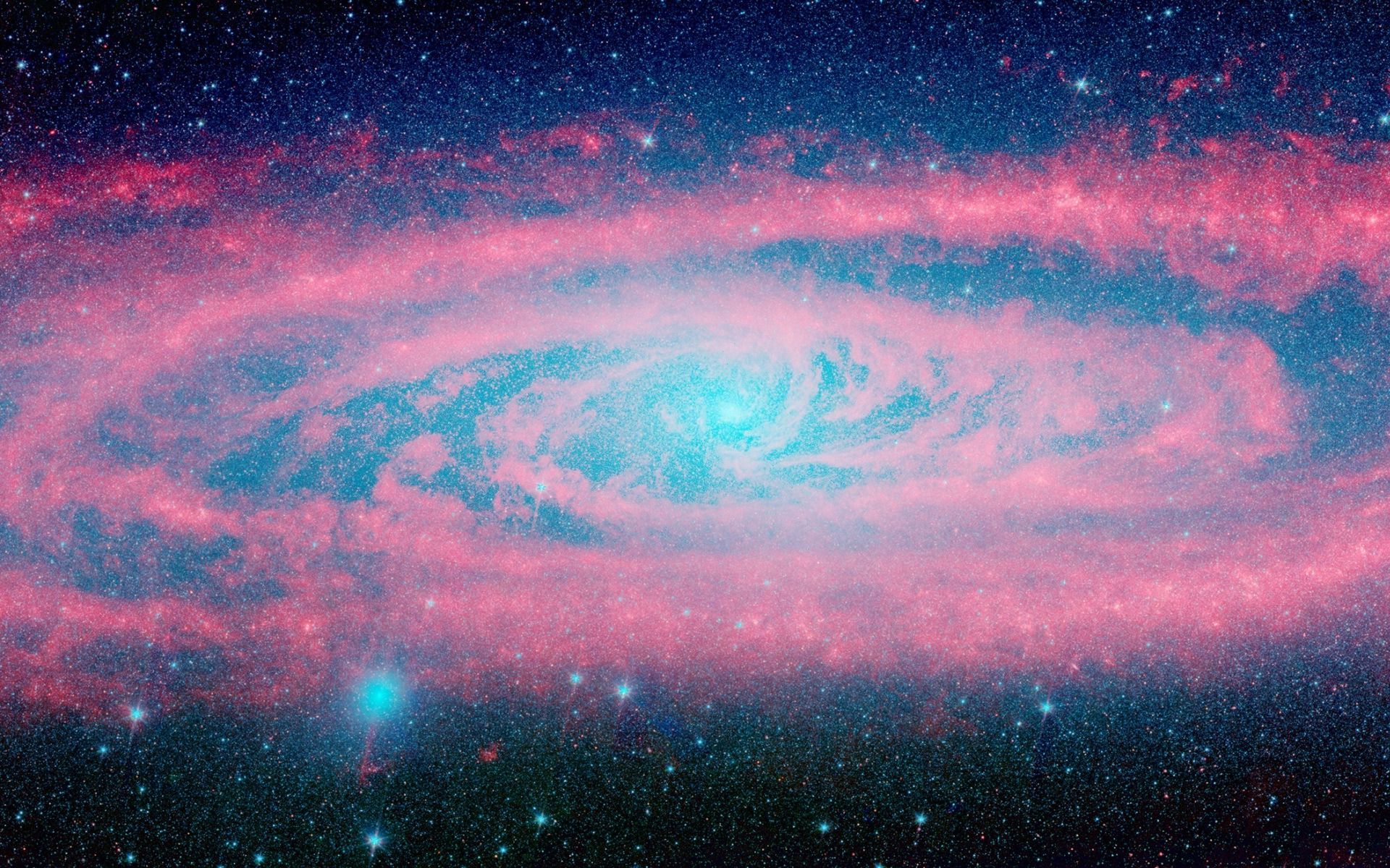A breathtaking view of a spiral galaxy with pink and blue hues, sparkling with countless stars