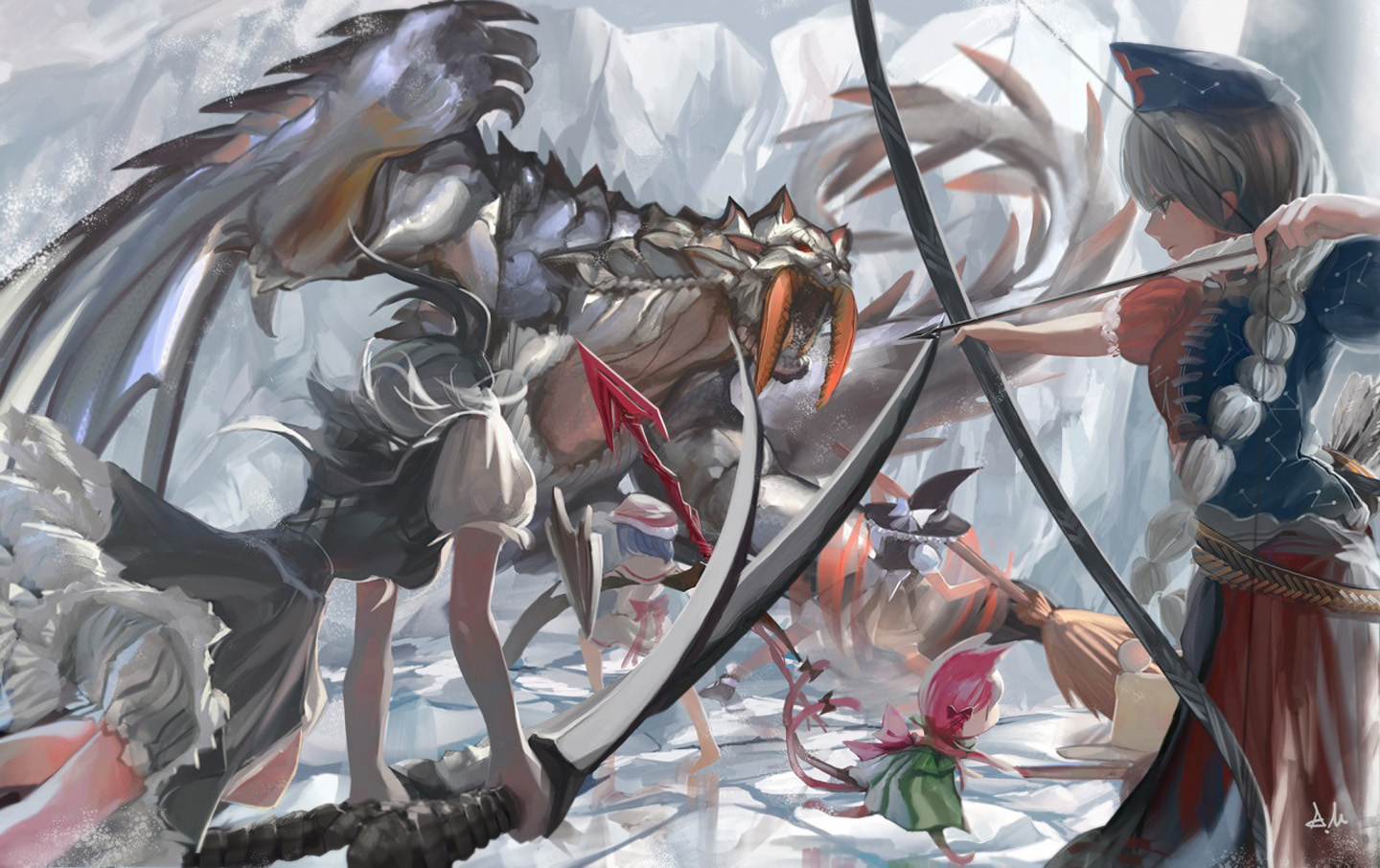 Monster Sword Arrow Bow Girl Fighting Anime HD Wallpaper Desktop Pc