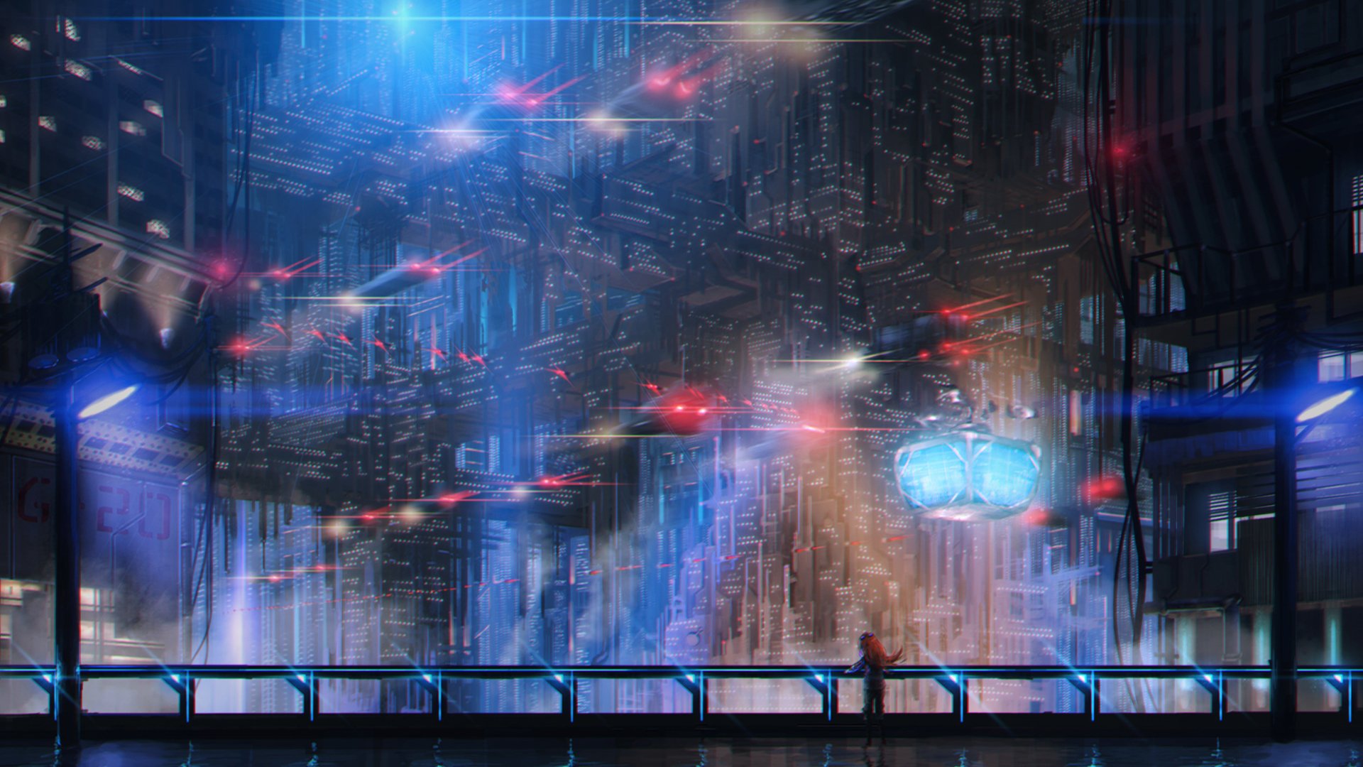 A cyberpunk city at night with flying vehicles and a person looking at the cityscape from a balcony