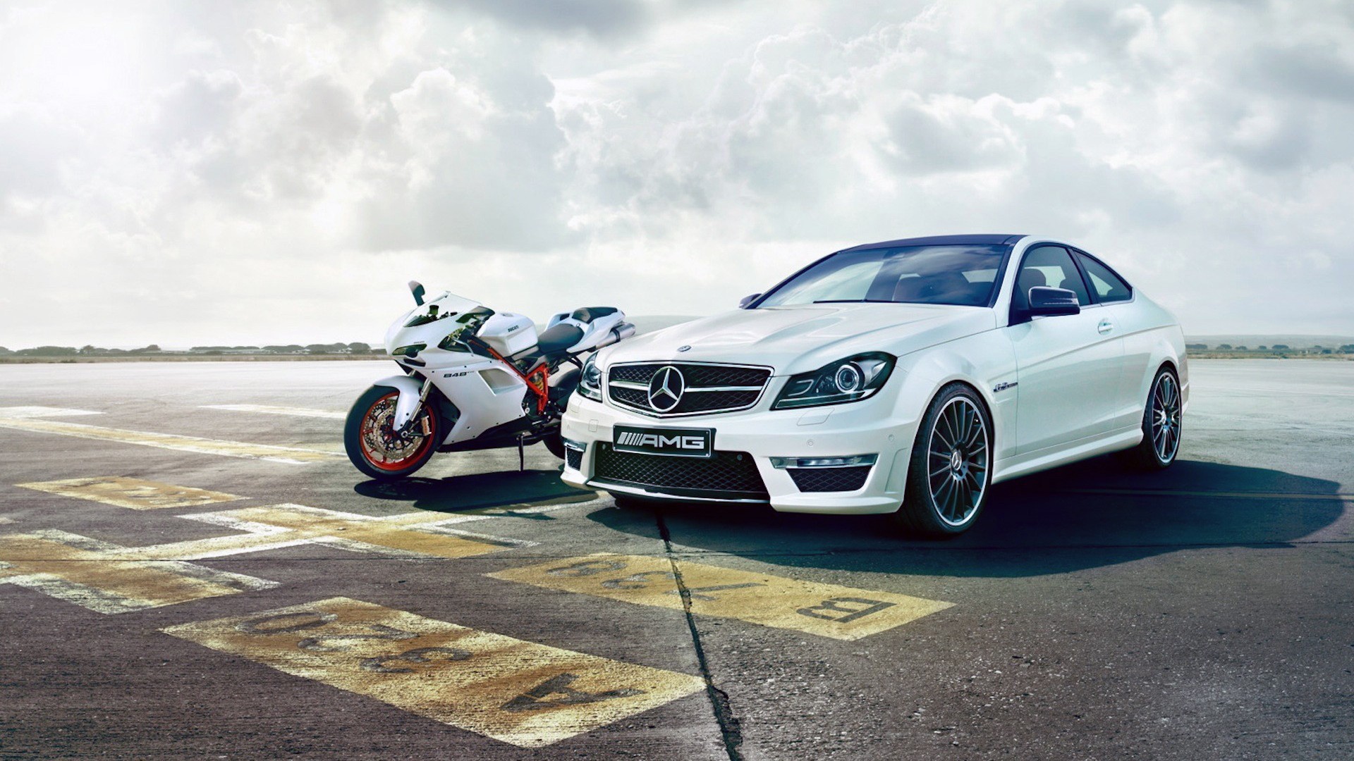 Motorcycle Ducati And Mercedes C63 Amg Wallpaper