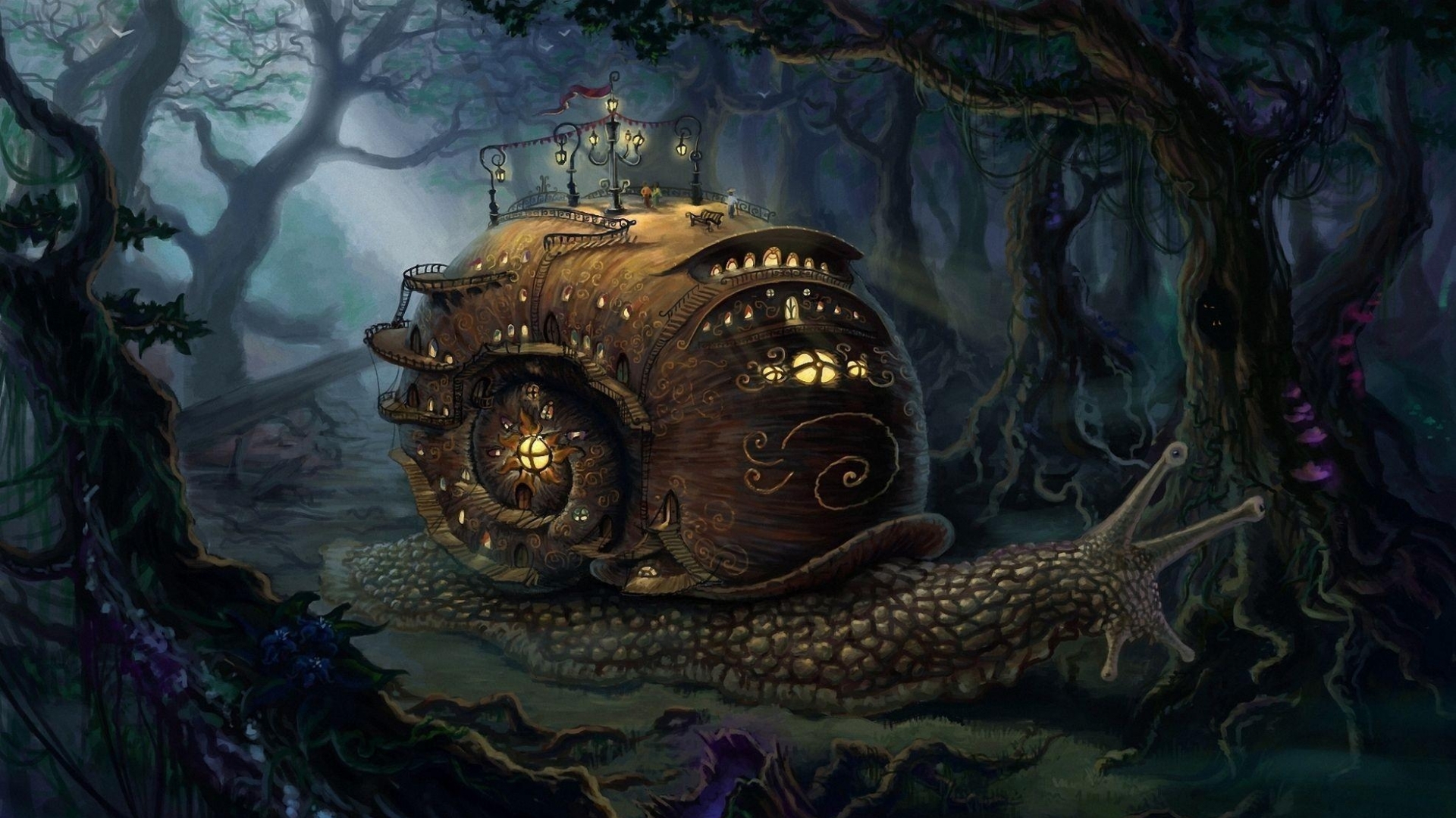 Fantasy art landscapes snail steampunk cities trees forest wallpaper