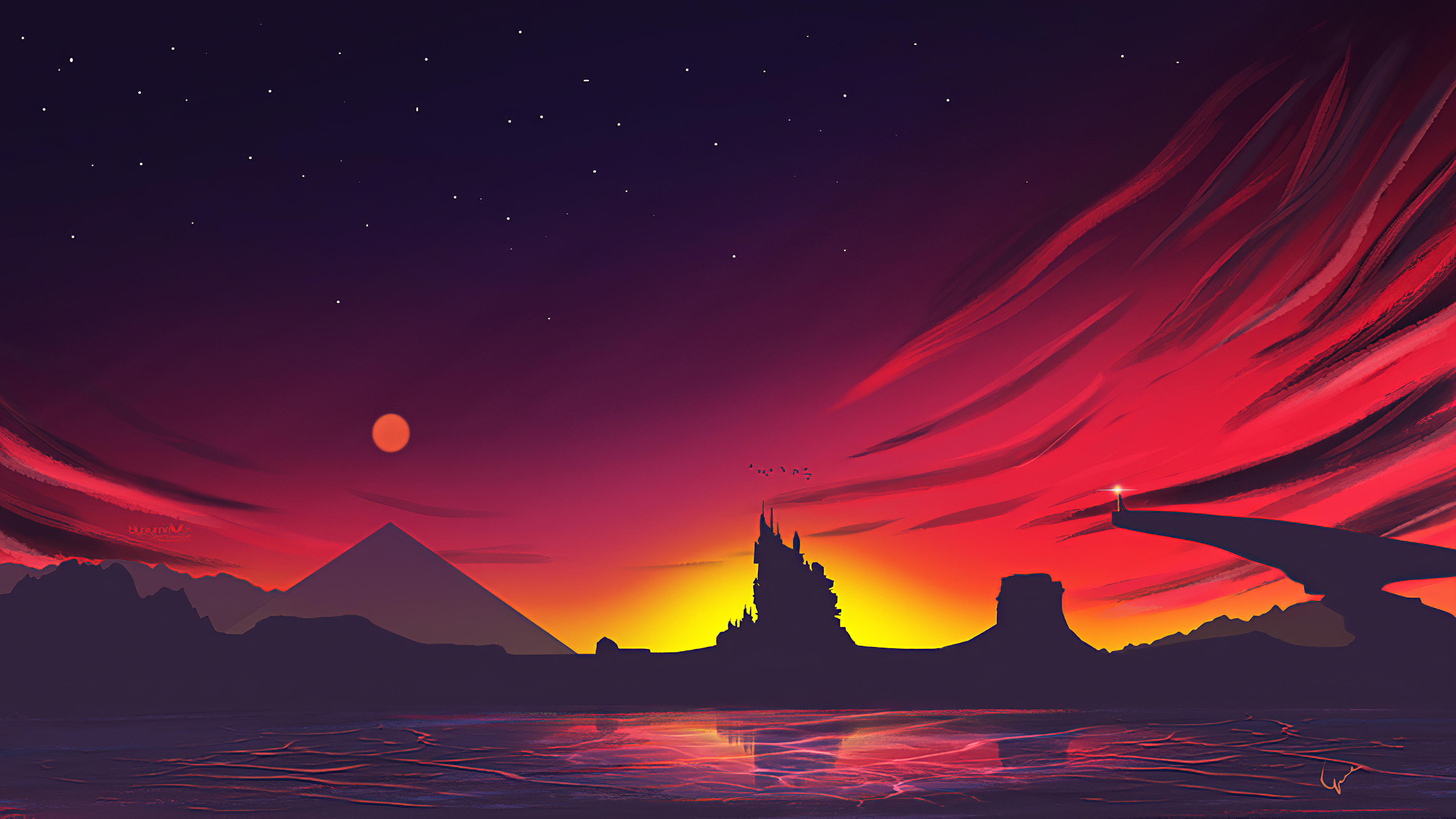 Minimalist 4k wallpaper featuring a silhouetted castle against a vibrant sunset with a pyramid in the background