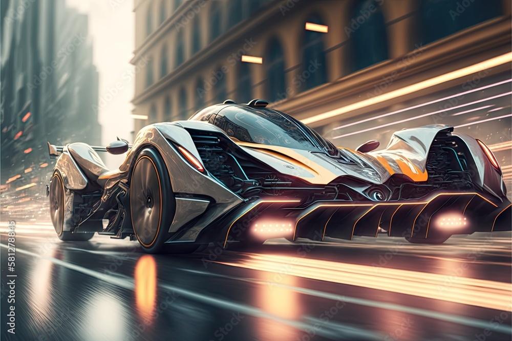 Futuristic Racing Car With Wings Accelerates On Straight Line
