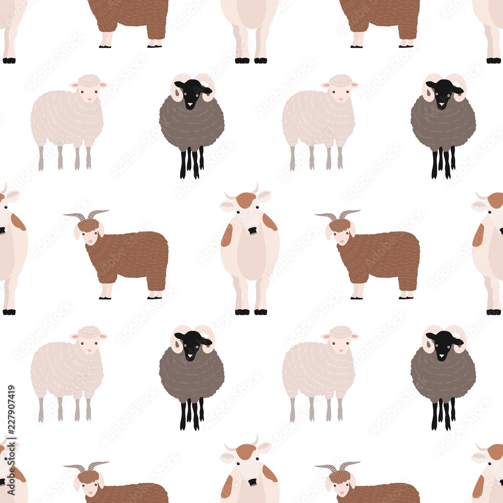 Seamless pattern with cute farm animals on white background
