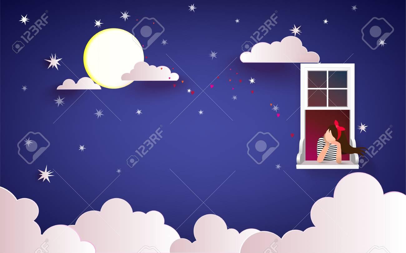 Beautiful Woman In Window Looking At Night Sky With Cloudy And