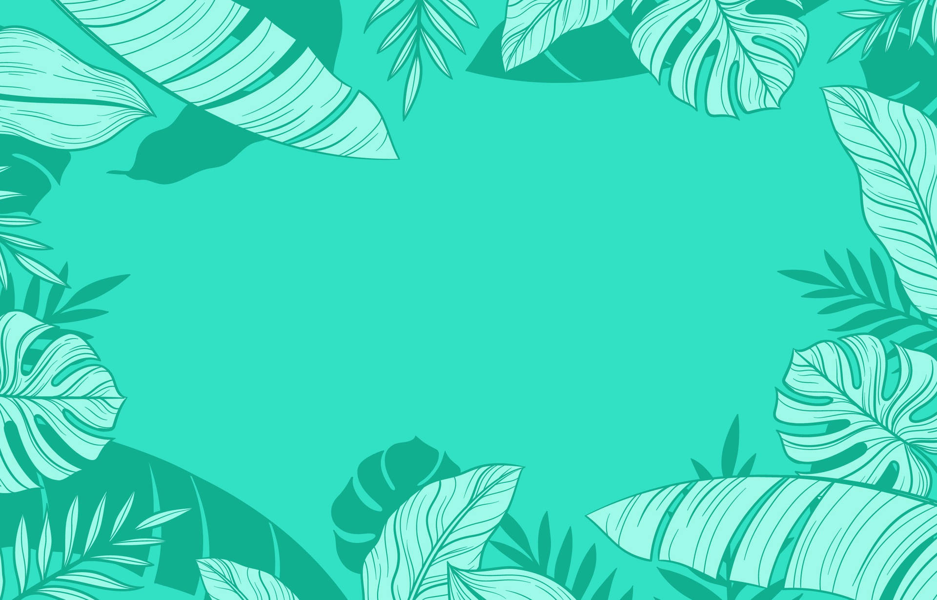 Mint green background with tropical leaves border