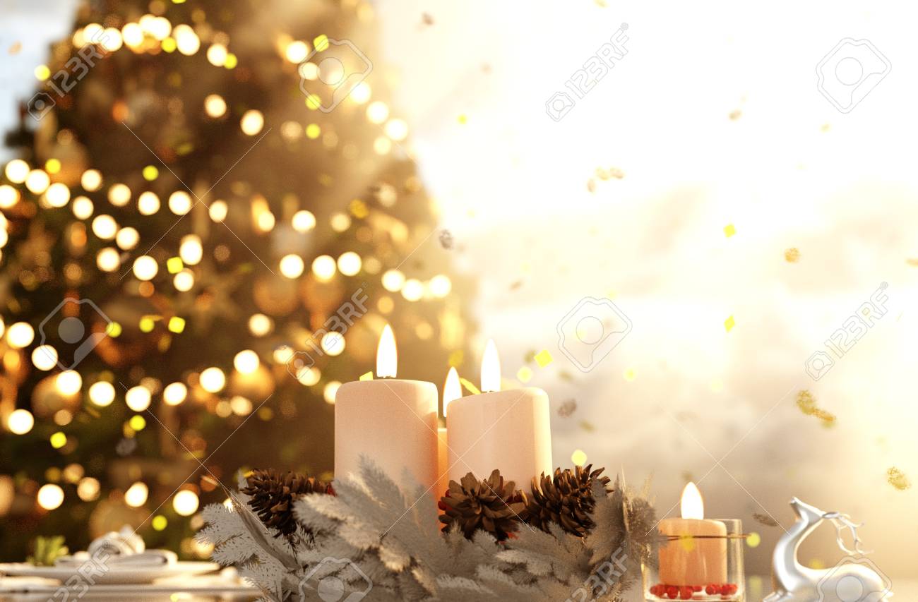 Christmas Night Candles Decorated In Scene Background