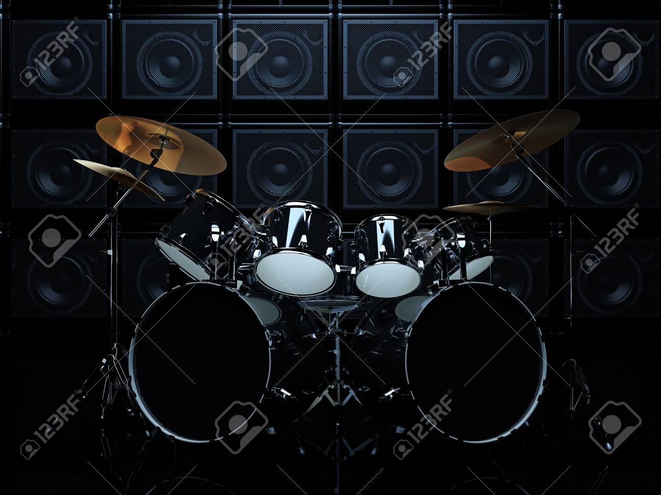 Black Drum Set In A Dark Room On Background Of Guitar Amps