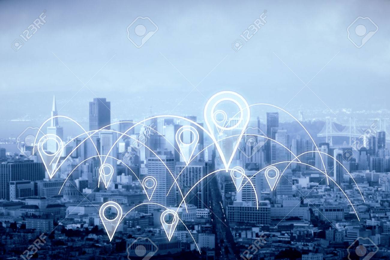 City With Abstract Connected Location Pins Dull Sky Background