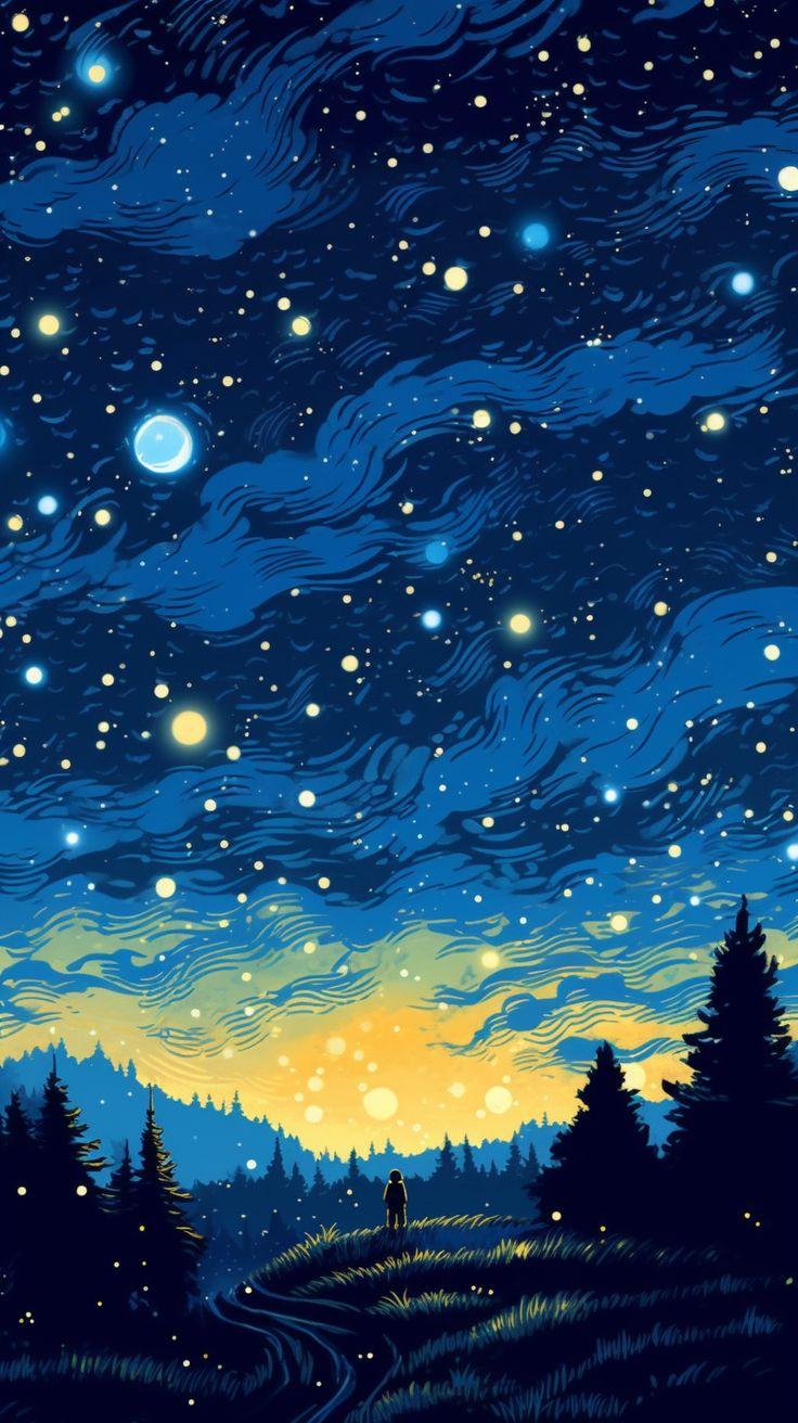 Illustrative Aesthetic Night Sky Phone Wallpaper In Starry