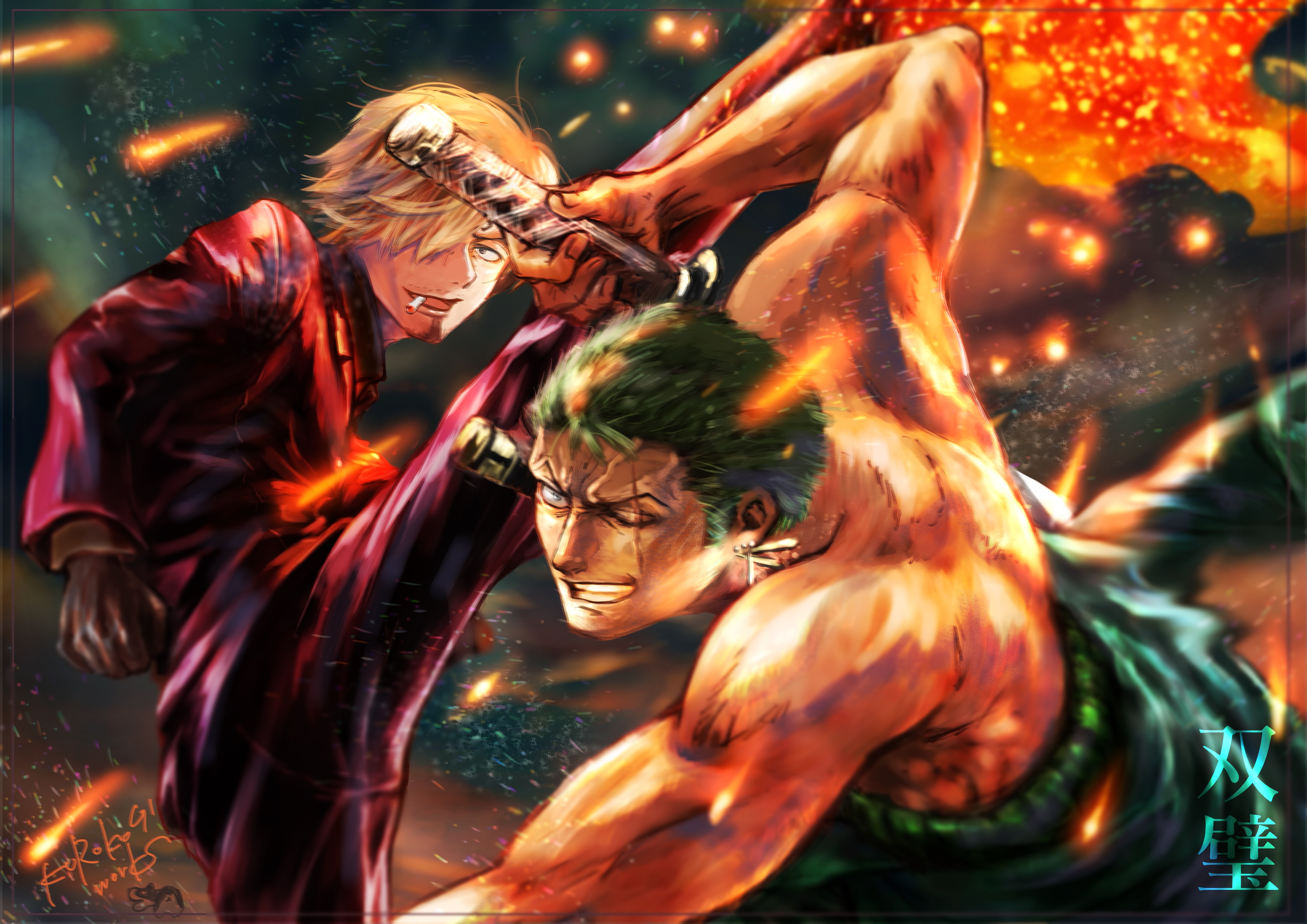 Dynamic One Piece 4k Wallpaper: Zoro and Sanji in Fierce Combat