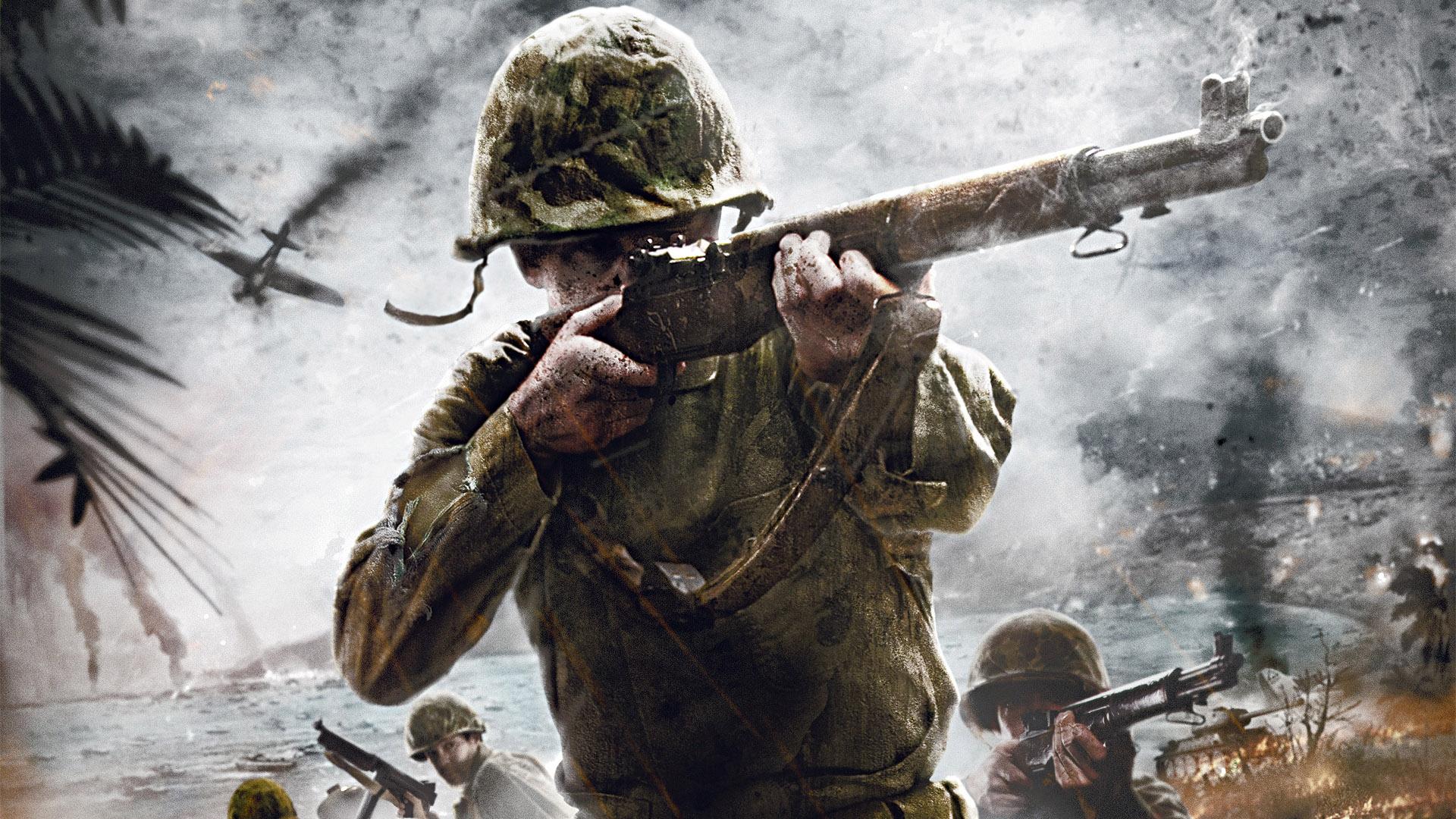A World War II soldier aims his rifle amidst the chaos of a beach landing, embodying courage and determination in the face of conflict