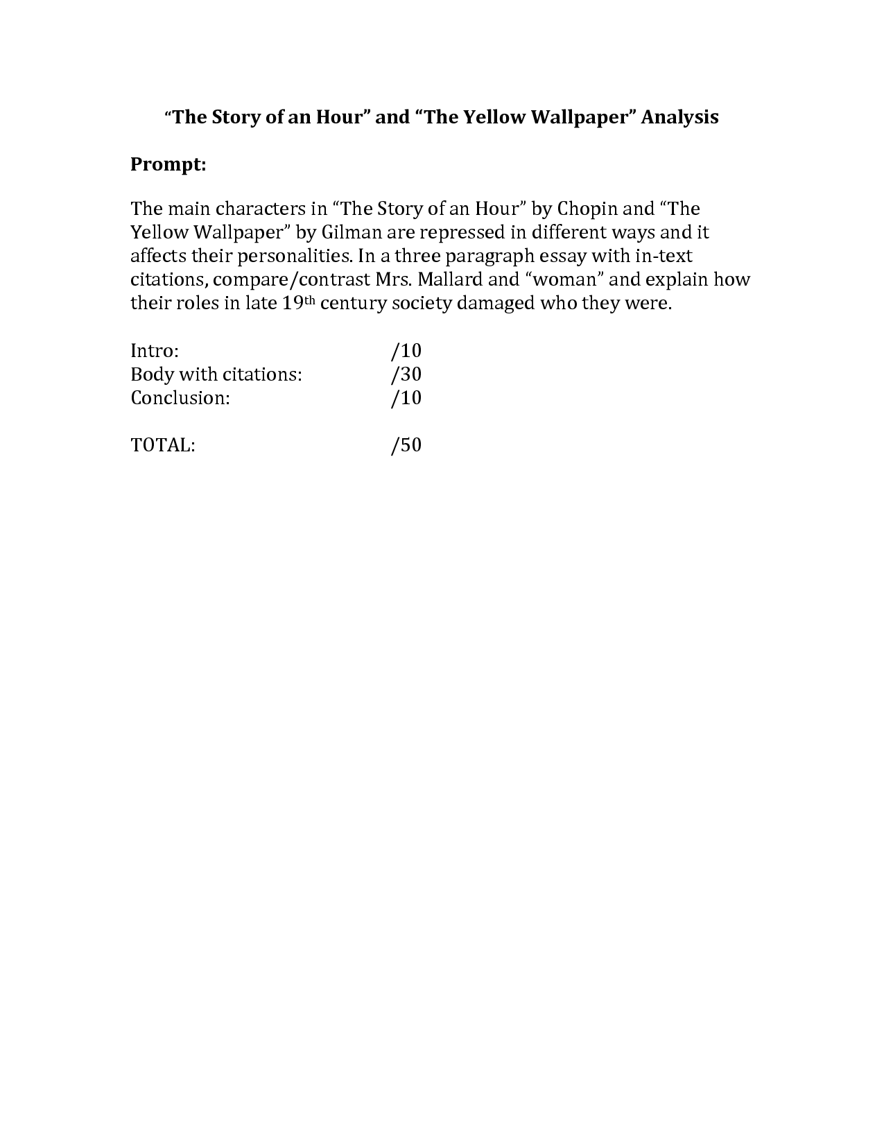 Of An Hour And The Yellow Wallpaper Analysis Document Sample