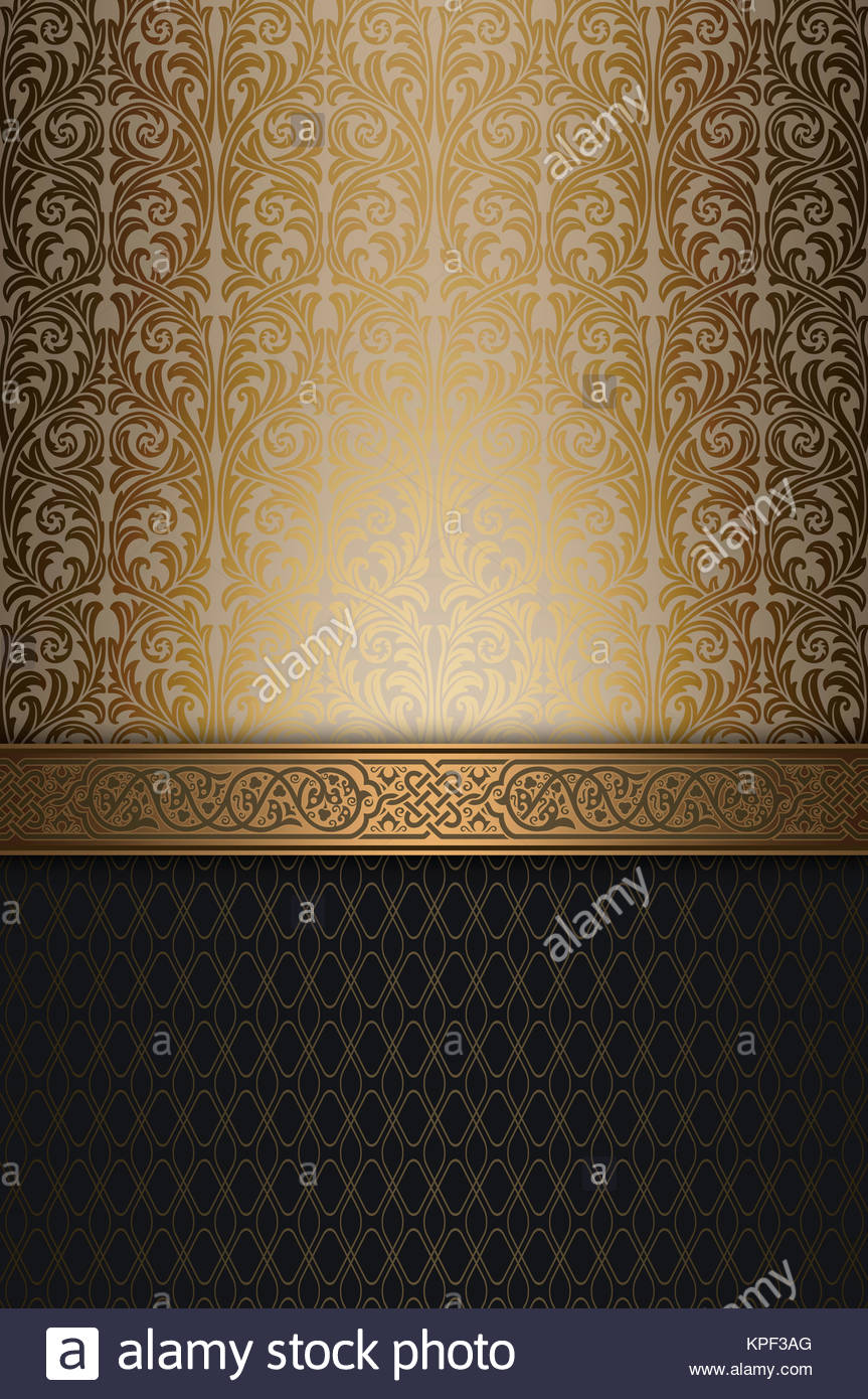 Background With Vintage Ornaments And Decorative Gold Border Stock