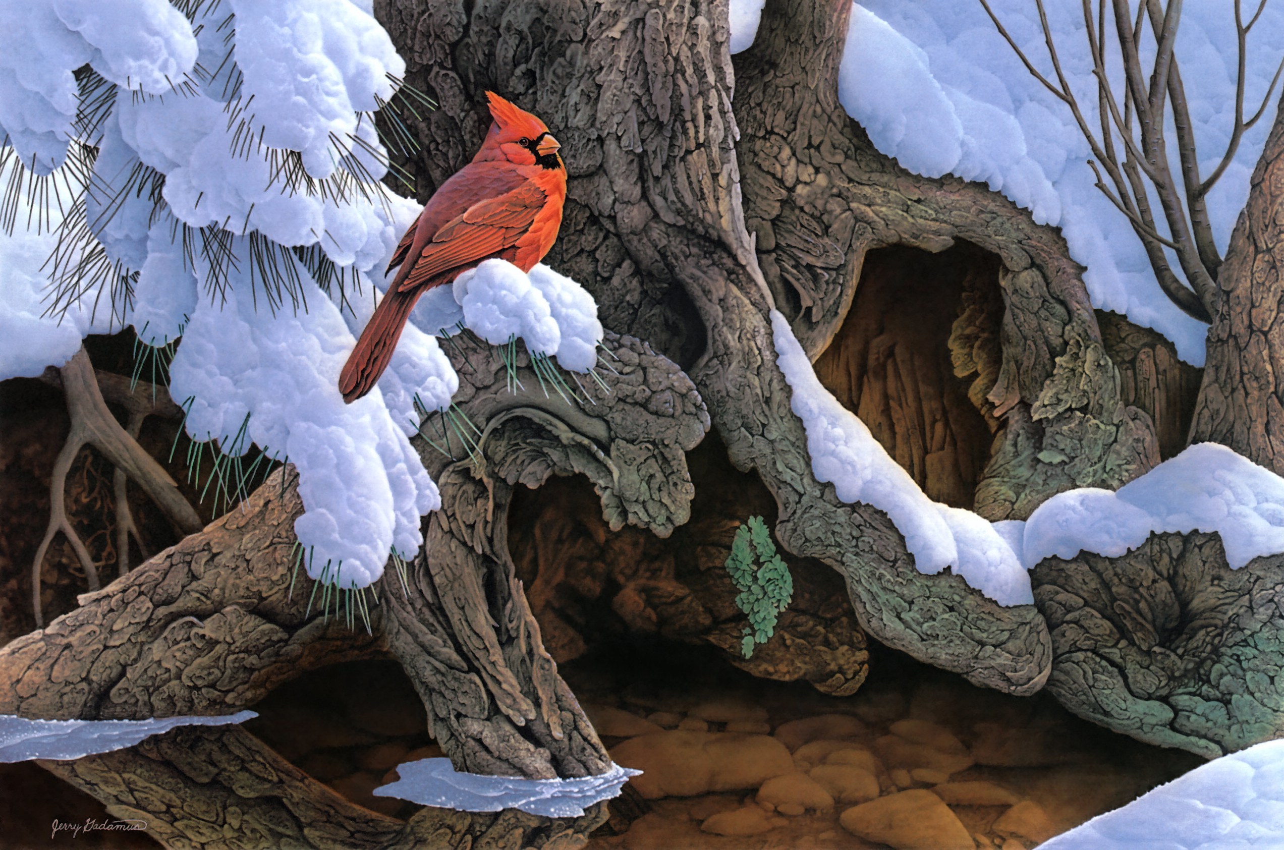 Painting snow winter tree bird cardinal wallpaper 2545x1685 132748