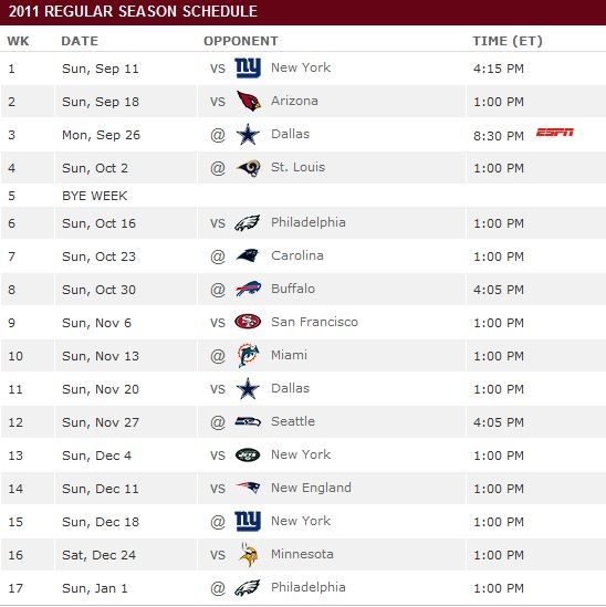 Washington Redskins Schedule Personal