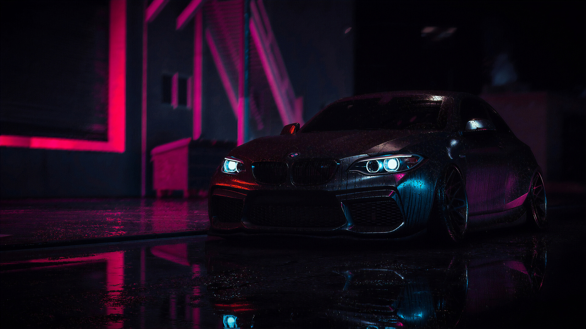 A sleek, black BMW sports car parked on a wet street at night, illuminated by vibrant pink and blue neon lights. The car's headlights glow brightly, reflecting in the puddles on the ground